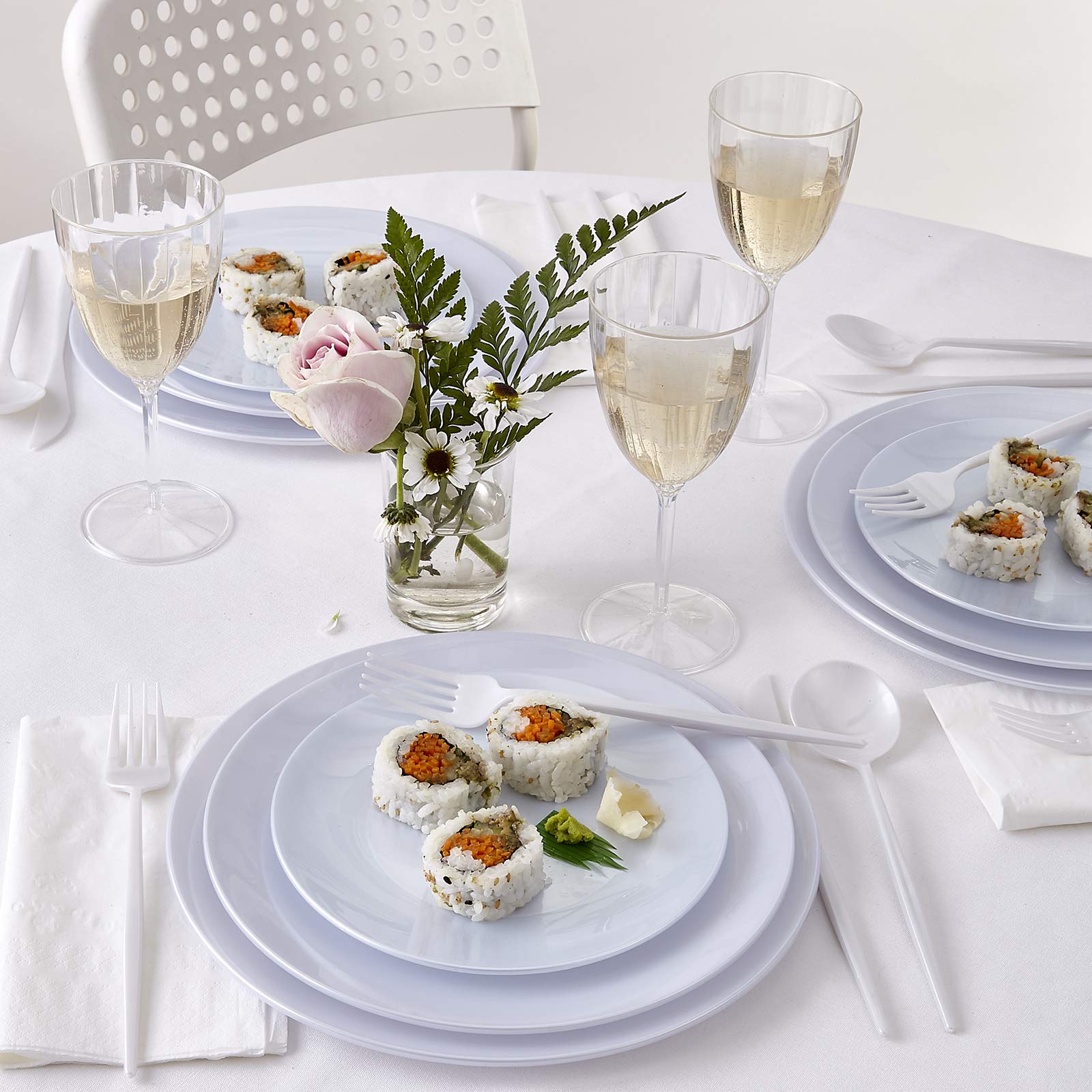 Silver Spoons Elegant Disposable Dinnerware Set - 312 Pieces (40 Dinner Plates, 40 Salad Plates, 40 Dessert Plates, 96 Forks, 48 Spoons, 48 Knives) in Opulence White - Perfect for Weddings, Parties & Special Events