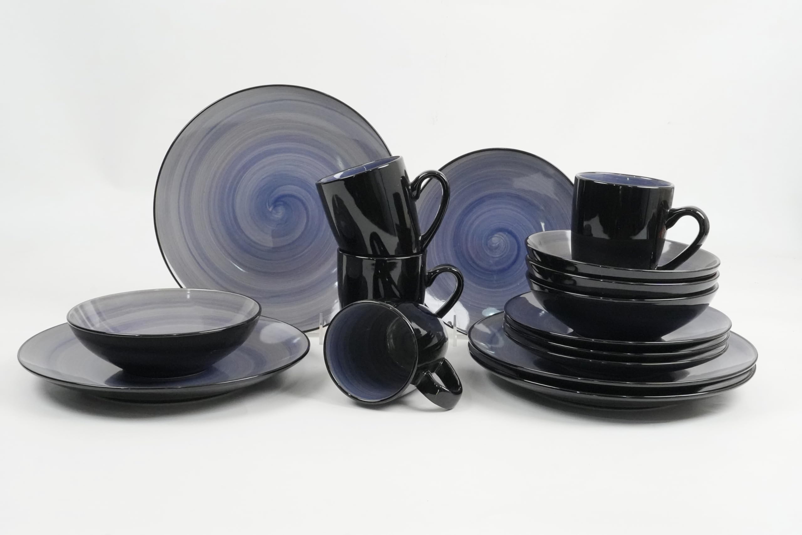 Stoneware Sonoma 16-Piece Dinnerware Set in Black & Speckled Cobalt Blue - Durable Stoneware Dinner Plates, Bowls & Mugs - Perfect for Everyday Dining, Family Gatherings & Restaurant Use