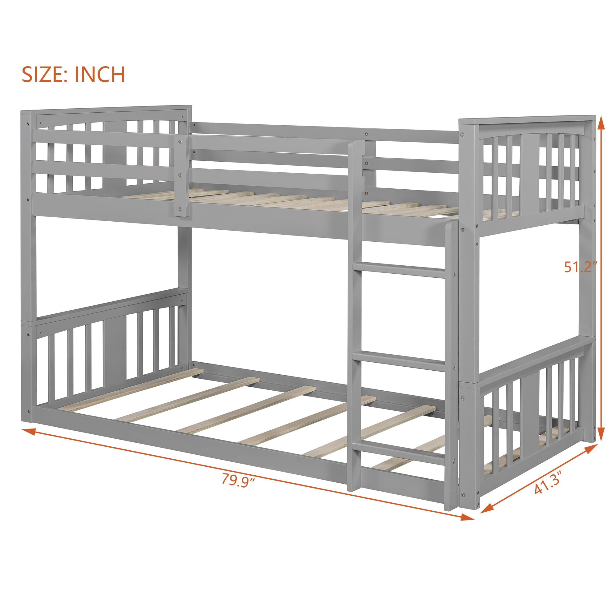 Twin Over Twin Floor Bunk Bed with Ladder - Sturdy Metal Frame Twin Size Bunk Bed for Kids & Teens - No Box Spring Needed - Perfect for Small Bedrooms, Dorms & Guest Rooms