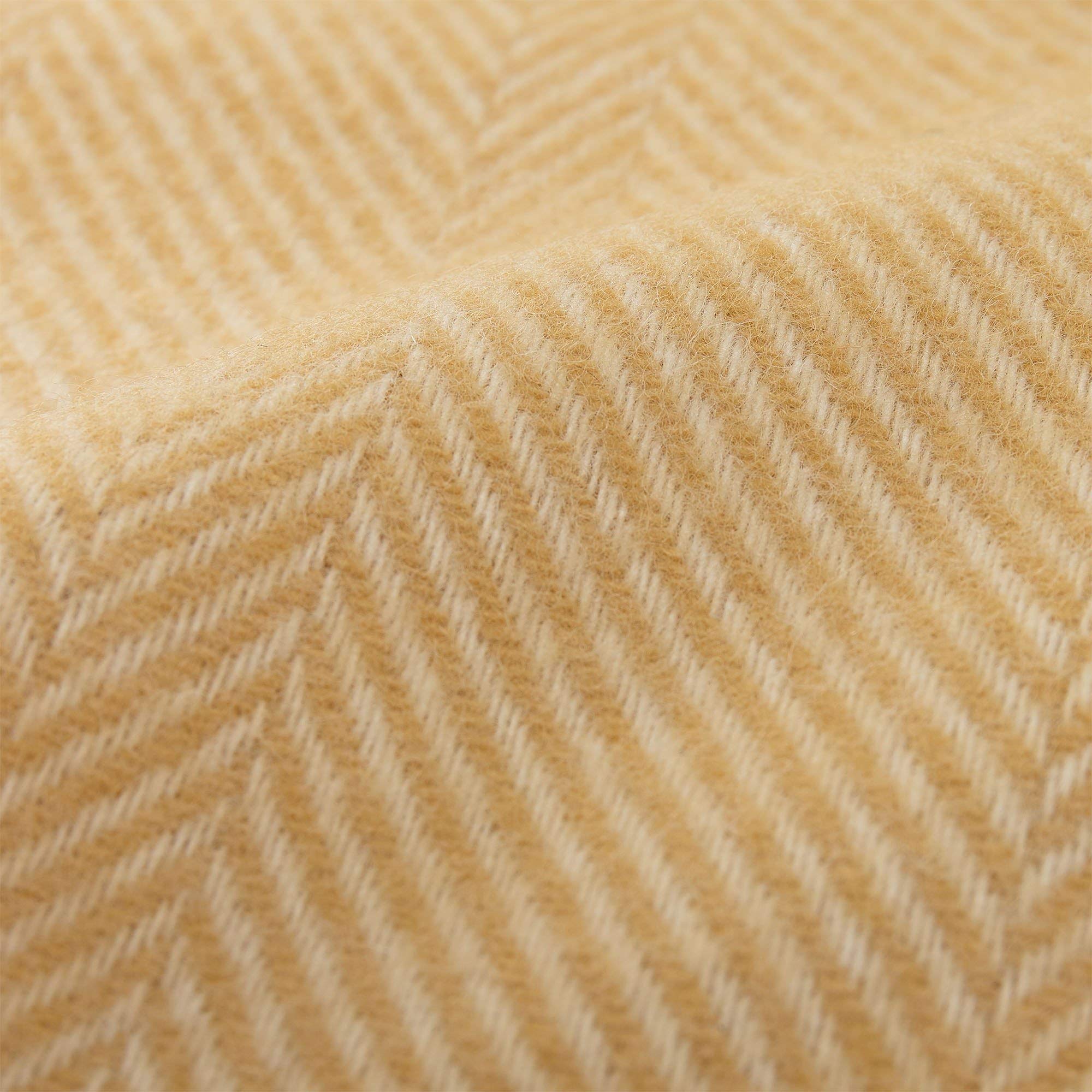 URBANARA 100% Pure Scandinavian Wool Throw Blanket 55x87 Inches - Mustard Yellow & Cream Herringbone Design with Fringe - Virgin Wool for Sofa, Bed & Home Decor | Cozy Winter Wrap & Gift Idea