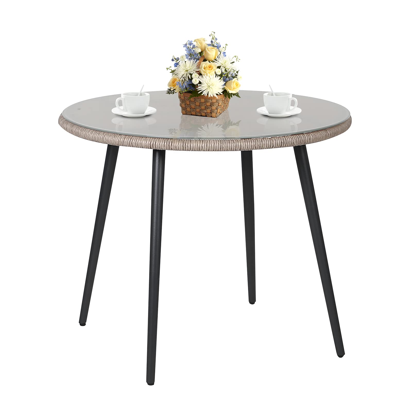 35'' Round Patio Dining Table - All-Weather Rattan Wicker with Tempered Glass Top & Umbrella Hole - Outdoor Coffee Table for Garden, Poolside, Backyard, Restaurant (Tan) | Perfect for Al Fresco Dining, Pool Parties & Outdoor Entertaining