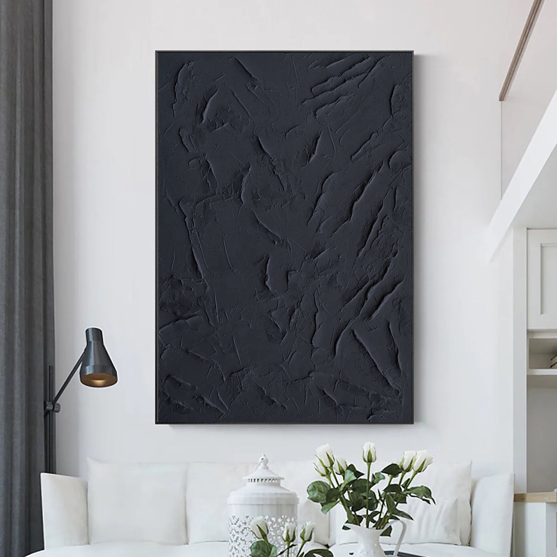 Black Minimalist Textured Painting Canvas #MZ029 - Modern Abstract Wall Art for Living Room, Bedroom & Office Decor