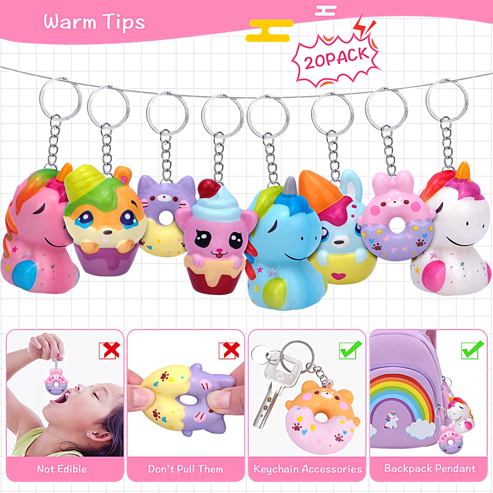 POKONBOY 20 Pack Jumbo Squishies Keychain - Cream Scented Slow Rising Squeeze Toys, Unicorn Donut Animal Stress Relief Toys for Kids, Easter Basket Stuffers & Birthday Party Favors for Boys Girls Age 3+ | Fun Sensory Toys for Stress Relief, Classroom Rewards & Travel Fidget Play