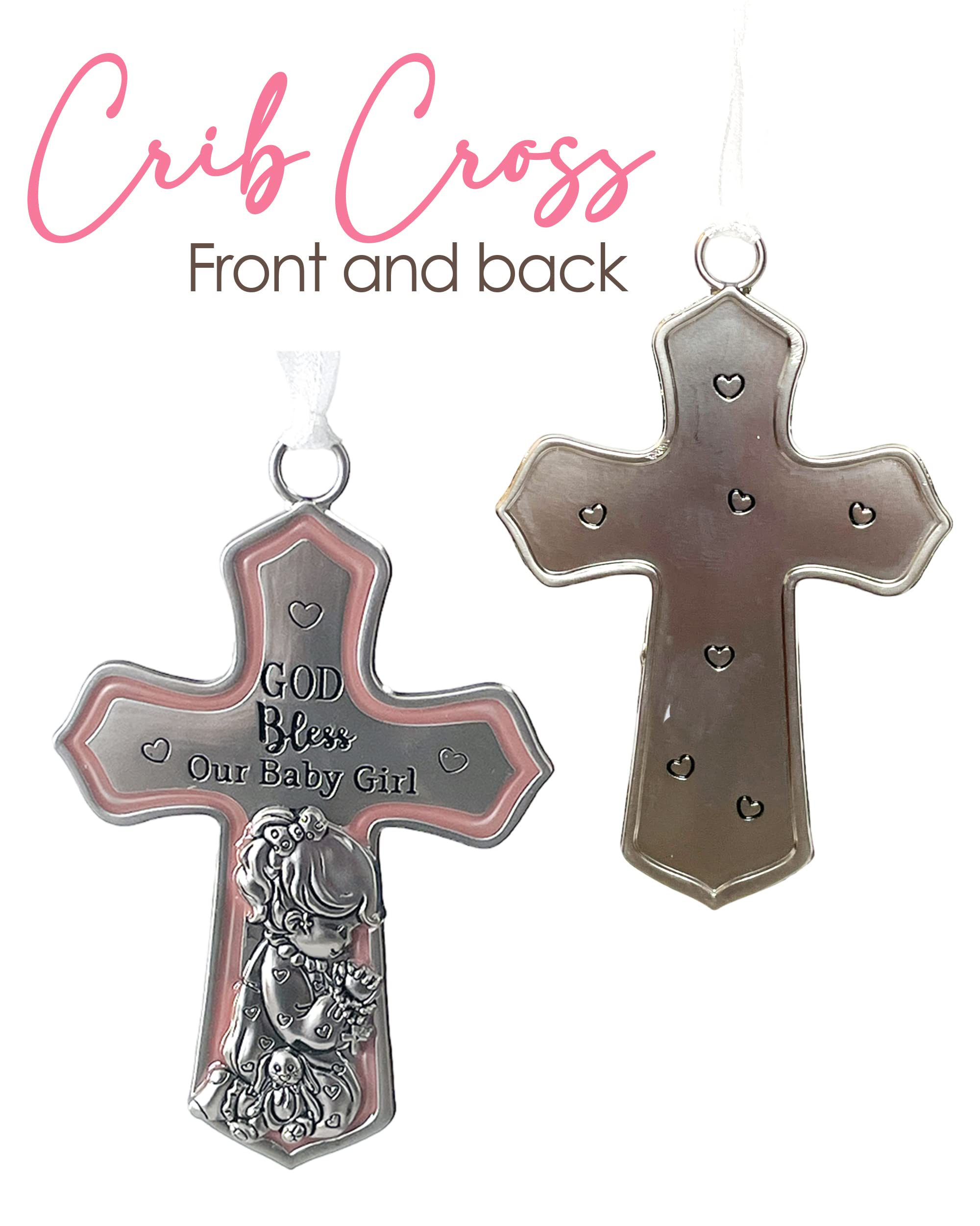 Ornate Crib Cross Decor with Ribbon for Baby Girl - Baptism, Christening & Baby Shower Gift - 'God Bless Our Baby Girl' - Perfect for Nursery Decor & Religious Celebrations