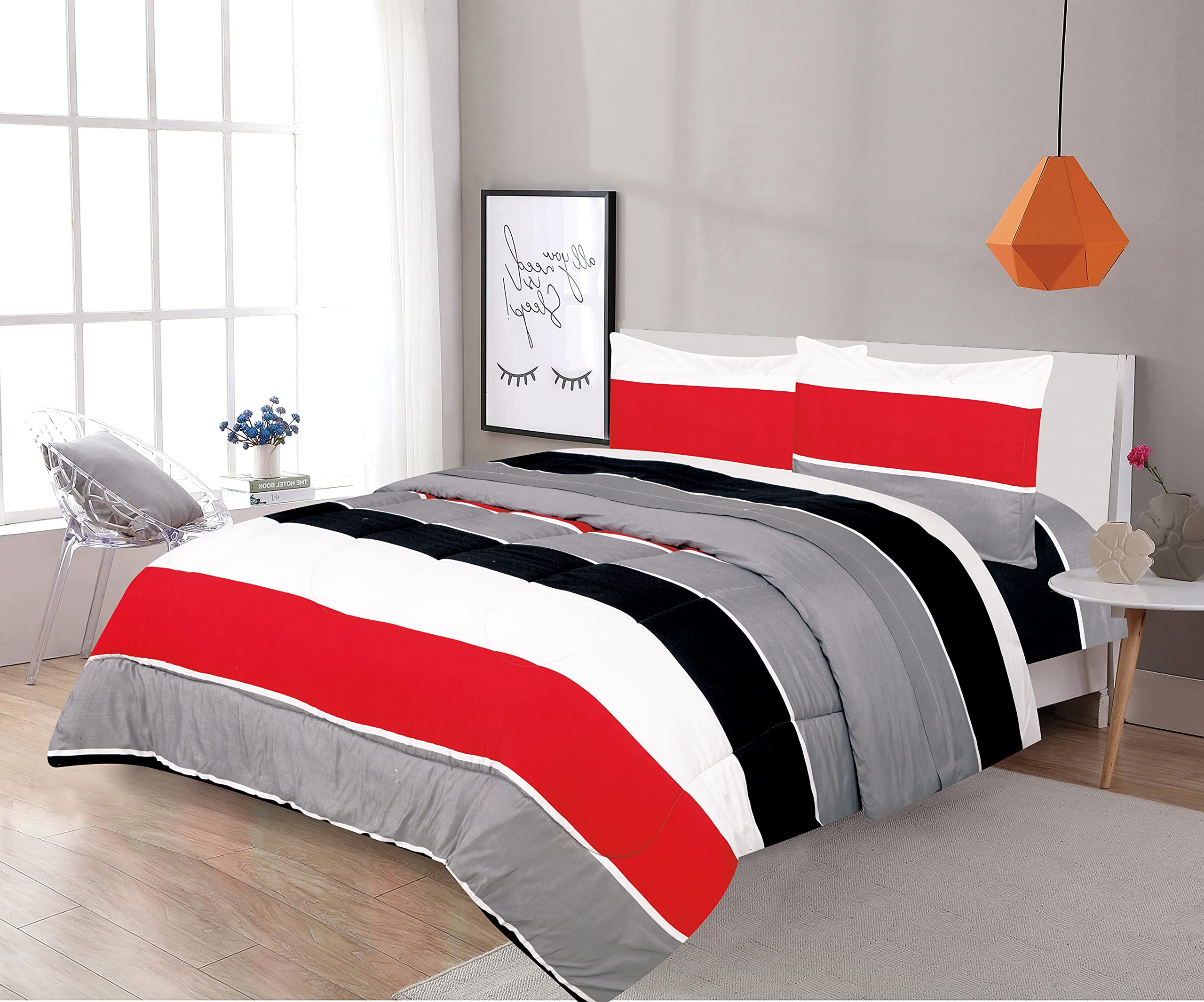Sapphire Home 7-Piece Kids' Bed Comforter Set with Shams - Soft Toddler Bedding for Boys & Girls - Queen Size Bed Sheets - Red, Gray & Black Striped Design - Perfect for Nursery, Kids' Room & Sleepovers