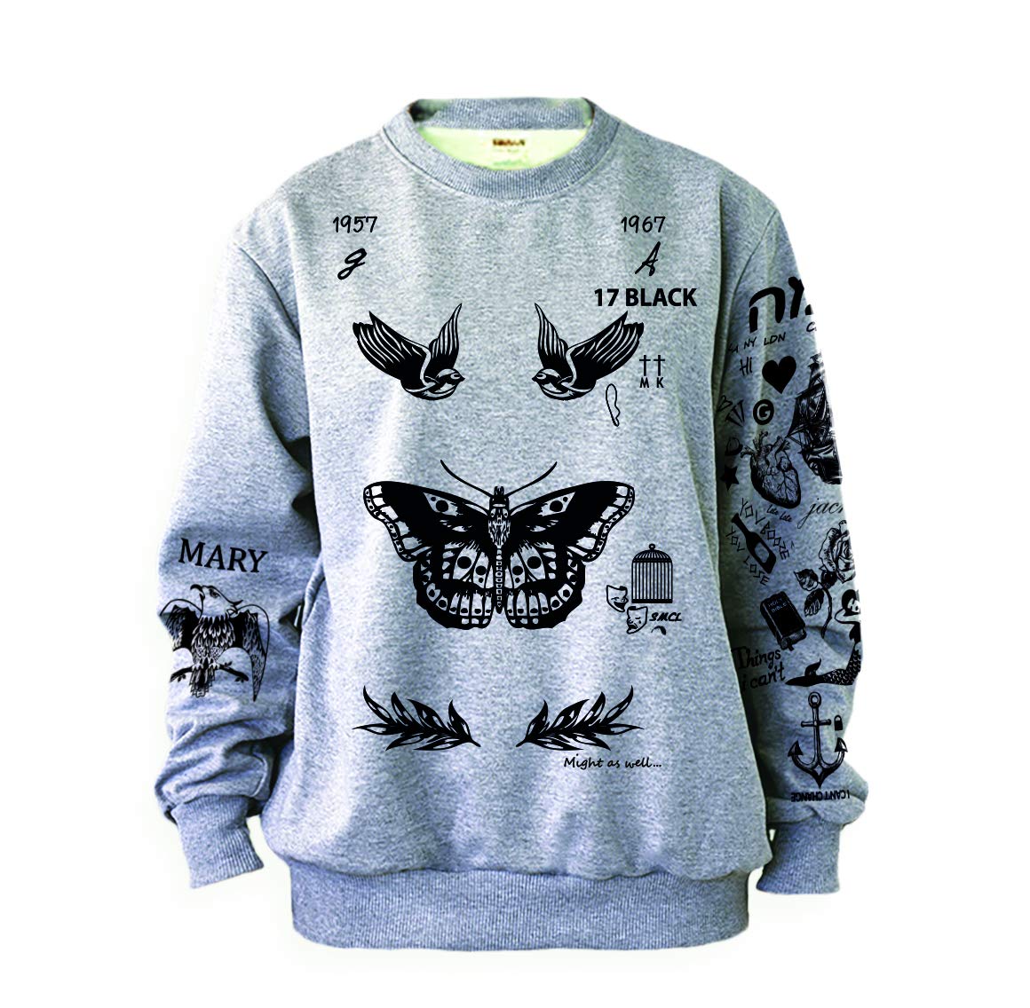 Noonew Women's Butterfly Tattoo Print Sweatshirt - Grey Soft Fleece Pullover for Casual Wear, Street Style & Layering Outfits