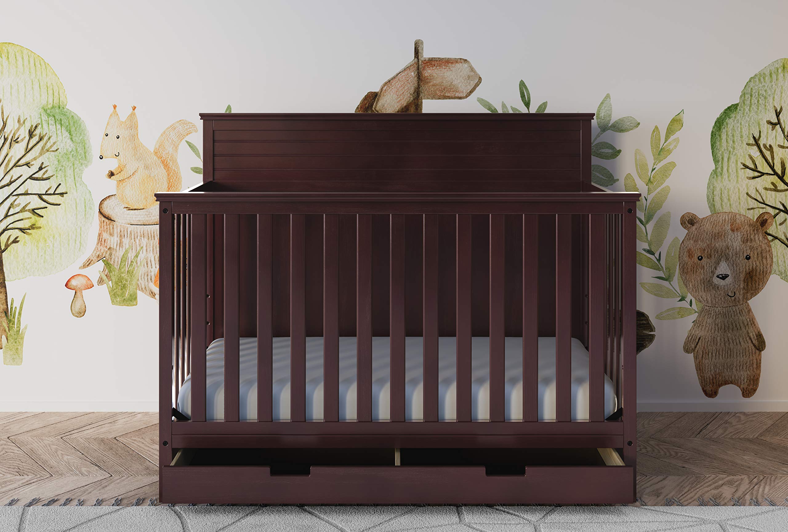 Storkcraft Homestead 5-in-1 Convertible Crib with Storage Drawer in Espresso - Baby Crib to Toddler Bed, Daybed & Full Bed Conversion - Nursery Furniture with Built-in Storage - Perfect for Small Spaces & Growing Families