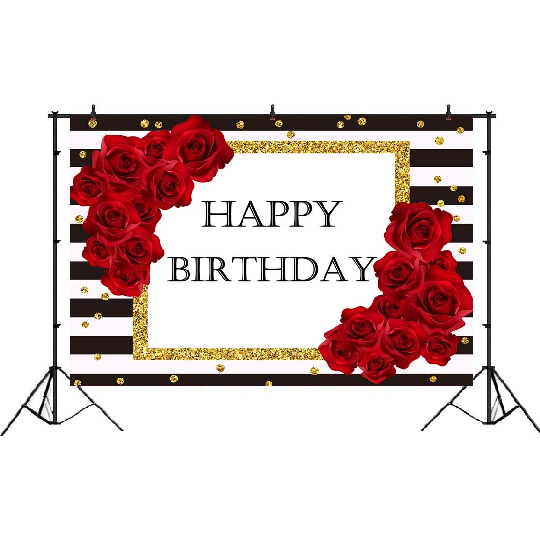 Black and White Striped Birthday Backdrop with Red Roses & Gold Dots - 5x3ft Photography Background for Birthday Party Decor, Photo Booth Props - Perfect for Birthday Celebrations, Baby Showers & Anniversary Parties