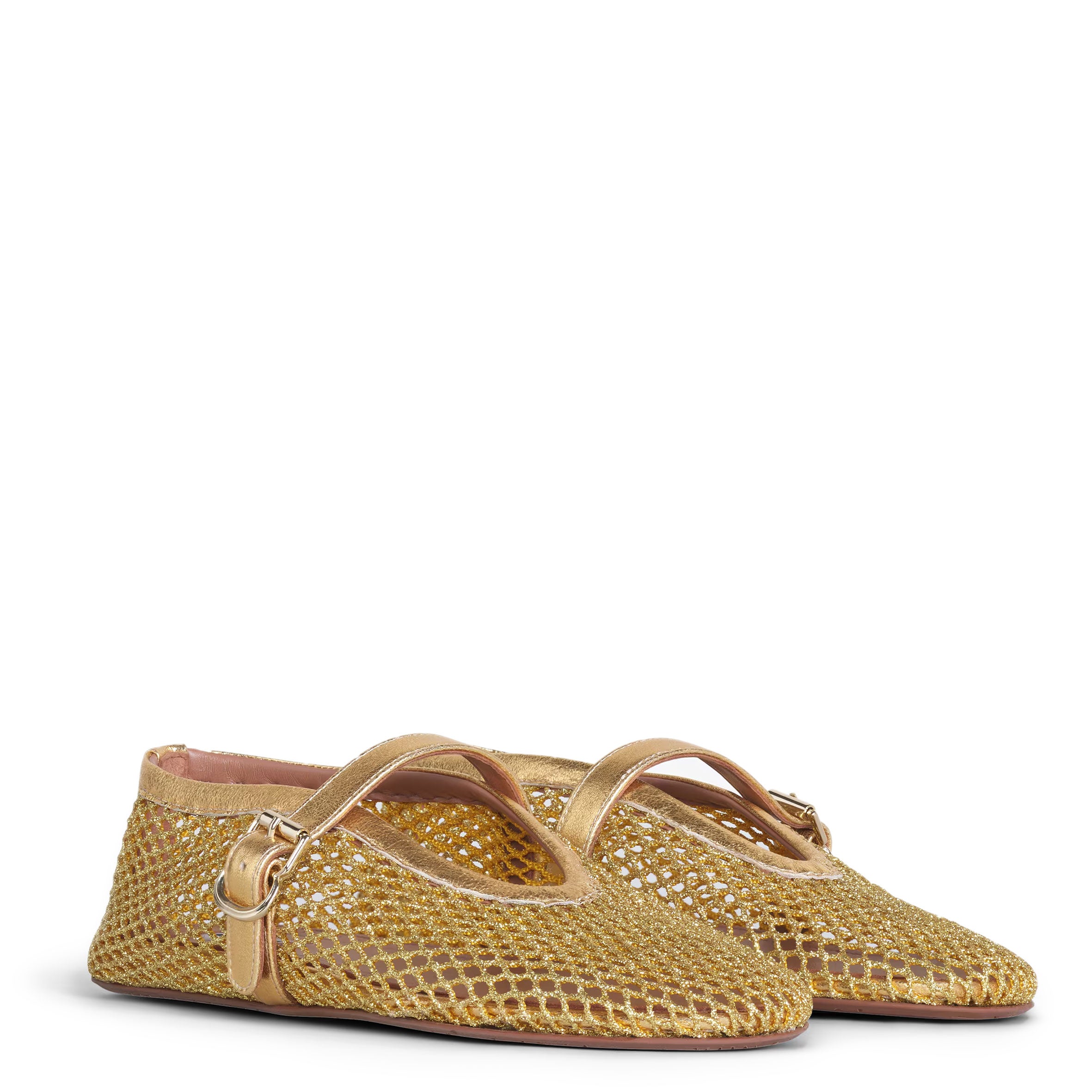 Gold Fishnet Ballet Flats for Women - Comfortable Stretchy Mesh Pointed Toe Slip On Shoes - Perfect for Dance, Parties, and Casual Wear
