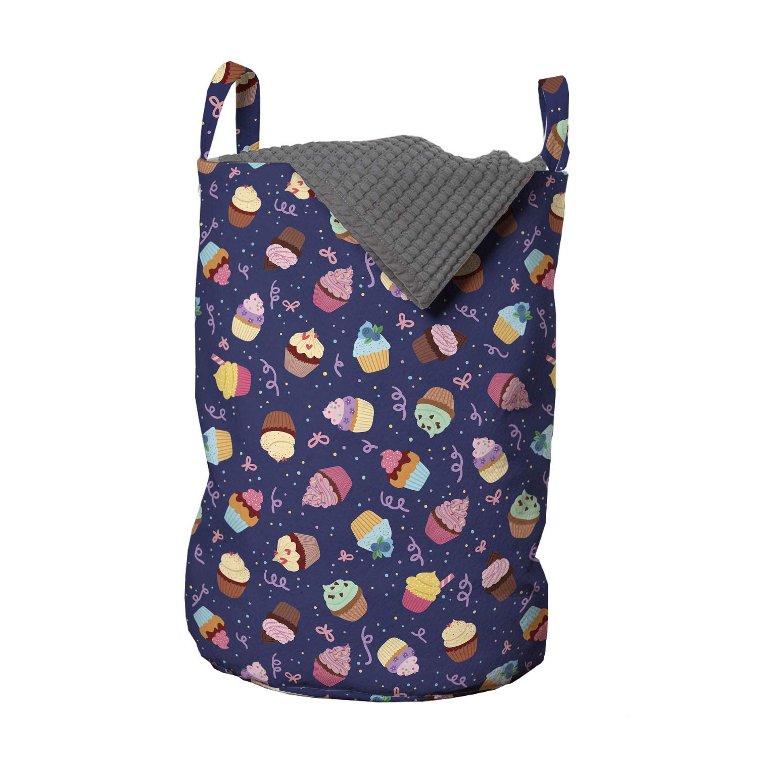 Ambesonne Dessert Laundry Bag - Colorful Rain Pattern with Frosted Cupcakes & Bows, Sugary Snacks Party Theme - 13