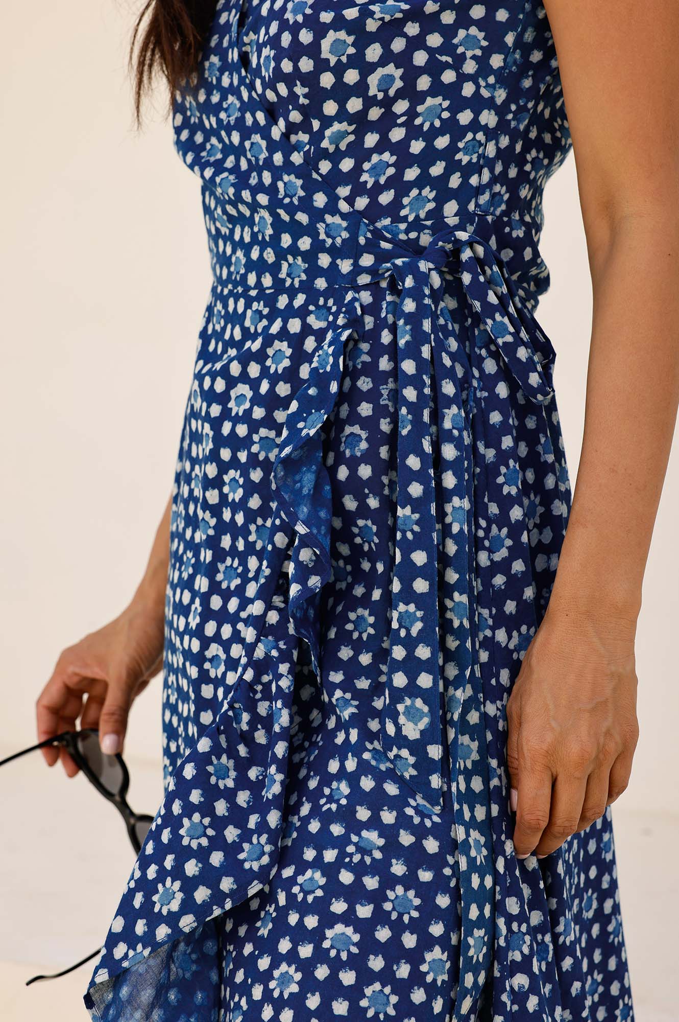 Demi Organic Cotton Wrap Dress for Women - Navy Blue Flowy Boho Maxi Dress for Beach, Vacation & Summer Outfits