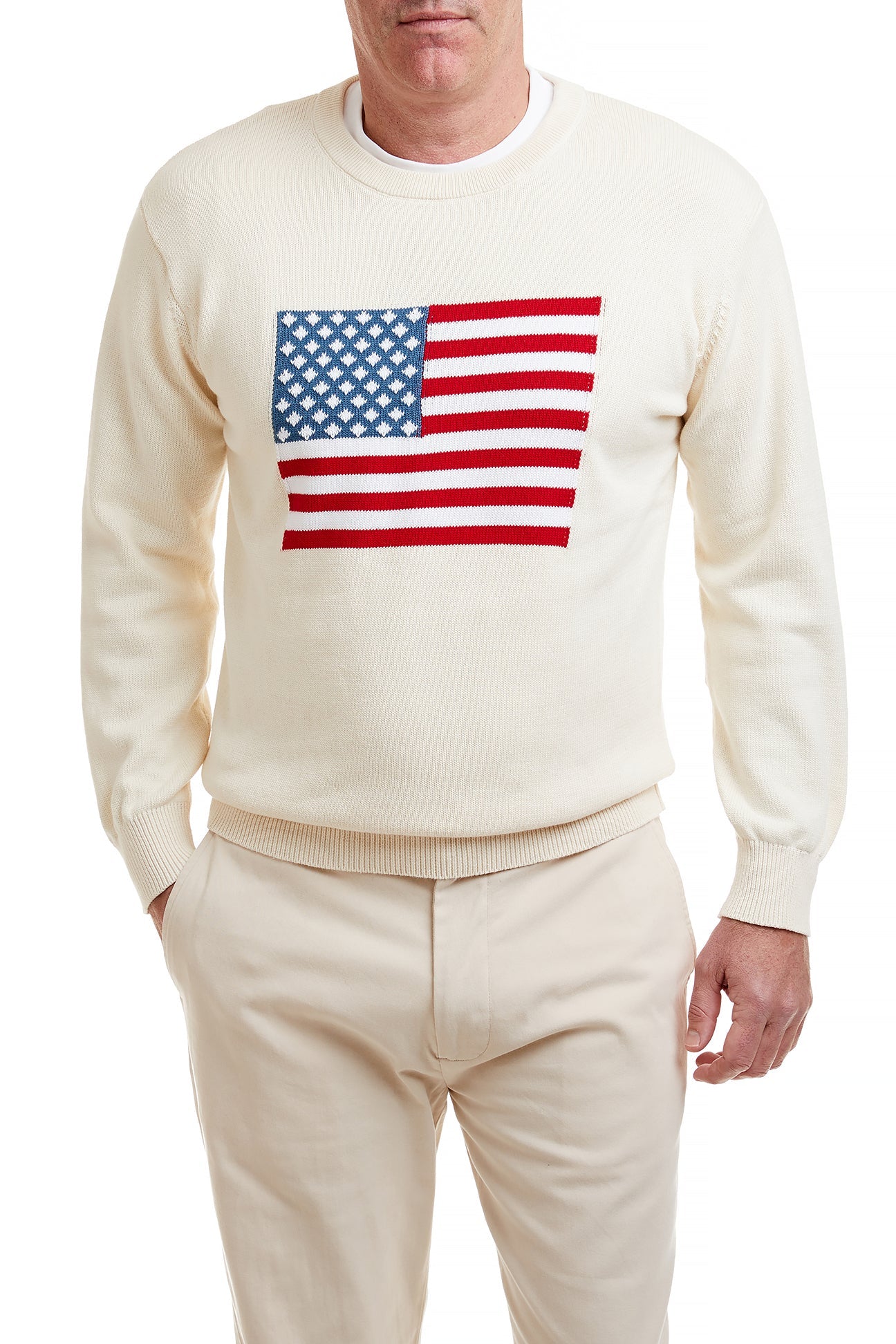American Flag Crew Neck Sweater in Cream - Cozy & Patriotic Pullover for Casual Wear & Holiday Outfits