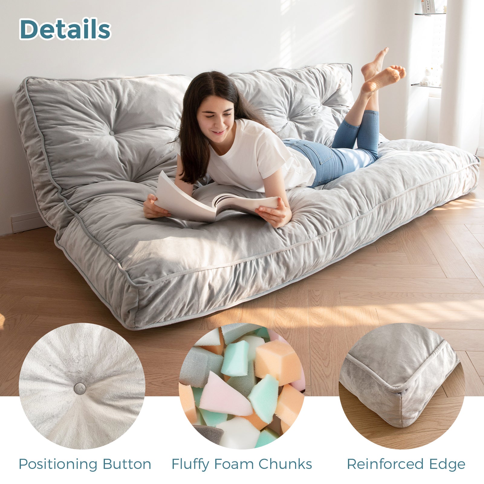 MAXYOYO 6-Inch Thick Velvet Futon Mattress for Sofa Bed - Soft & Comfortable Couch Bed Replacement (Grey) - Perfect for Small Spaces, Guest Rooms & Apartments