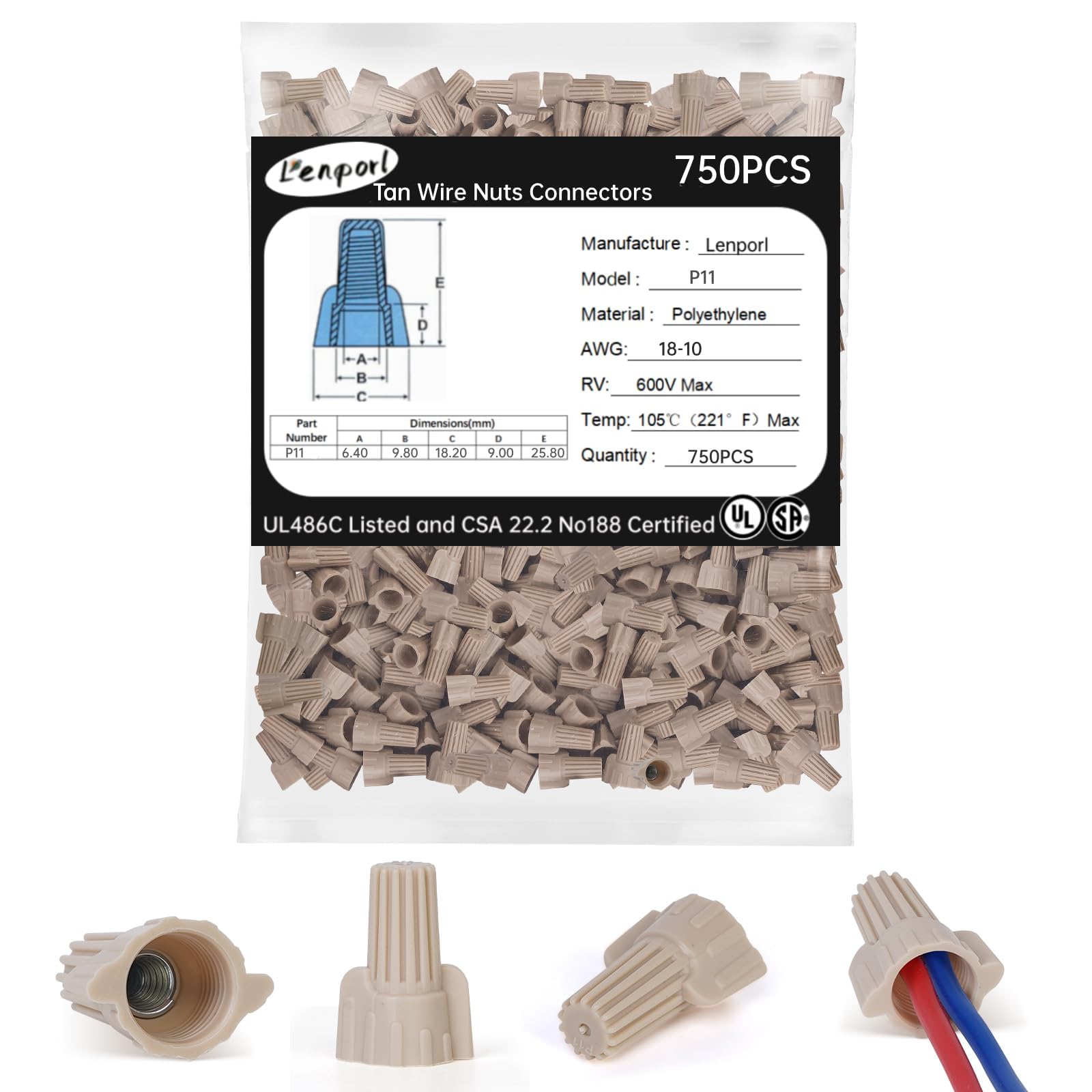 750PCS Tan Wire Nuts Connectors P11 Twist-On Wire Caps - Electrical Wire Connectors with Winged Springs - Screw Terminals for Secure Wire Connections - Ideal for Home Wiring, Electrical Repairs and DIY Projects