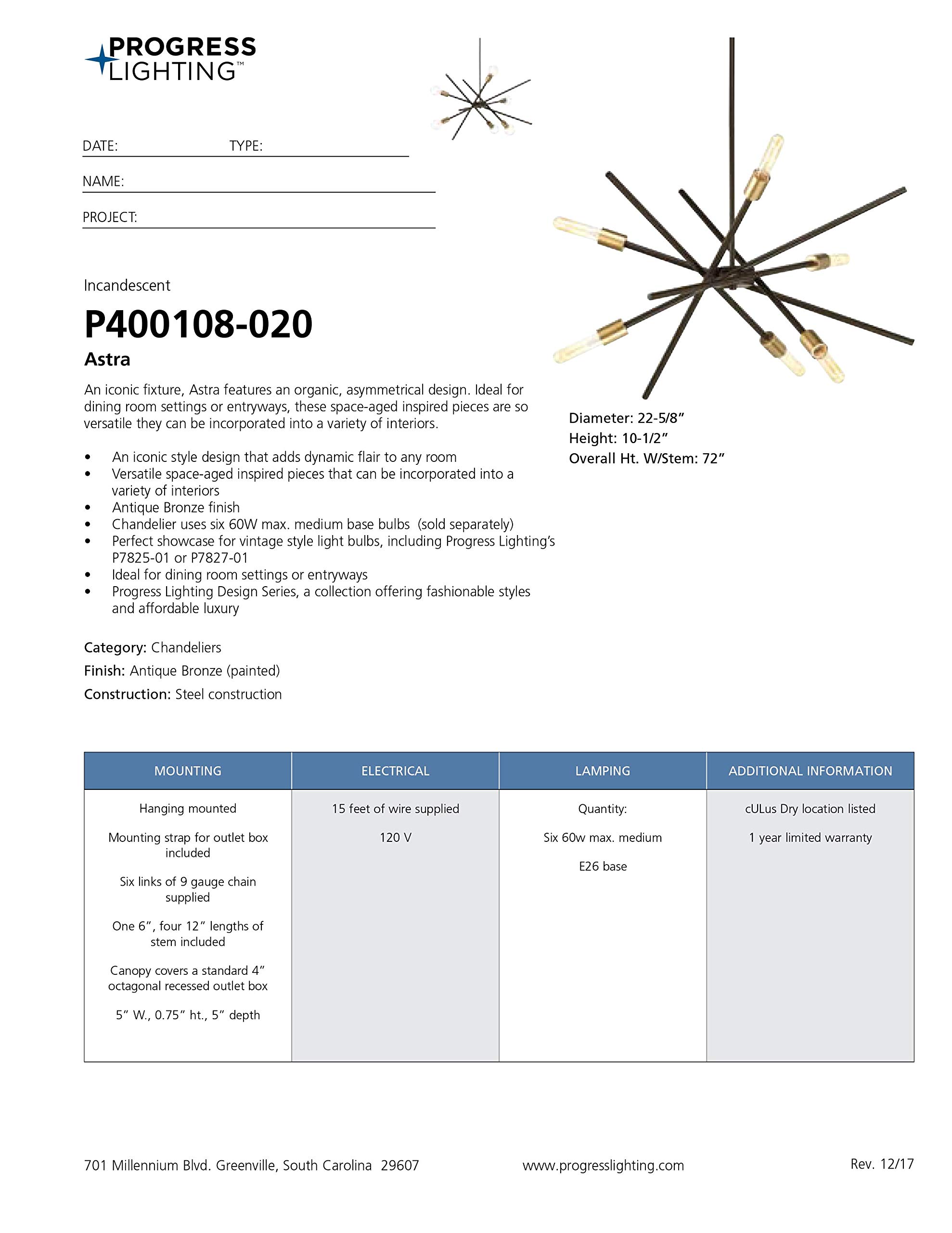 Astra Collection 6-Light Mid-Century Modern Chandelier in Antique Bronze - Perfect for Dining Room, Living Room, and Bedroom Lighting