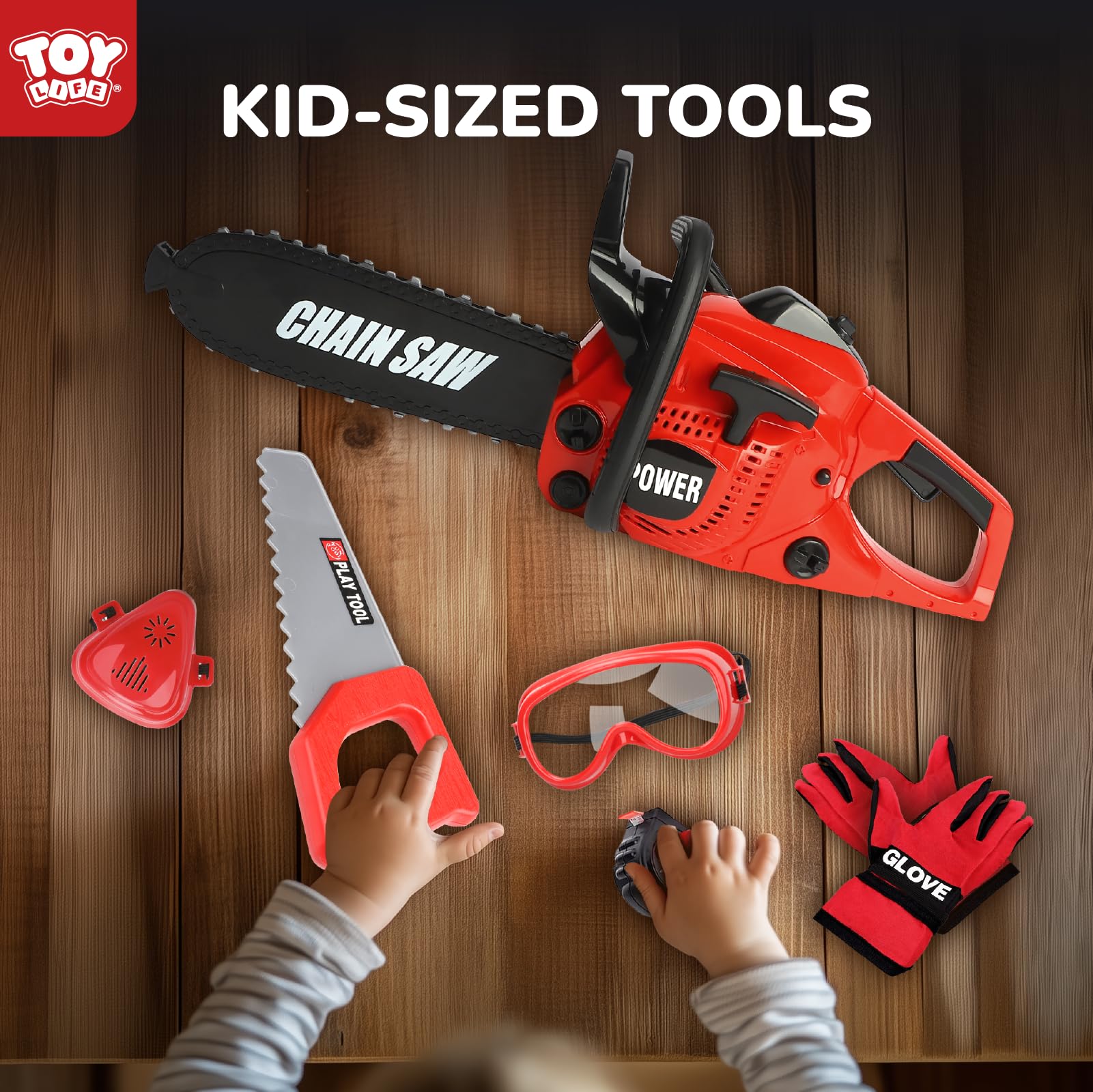 TOY Life Kids Pretend Play Electric Toy Chainsaw Set with Safety Gloves - Construction Tool Toy for Boys & Girls Ages 3-8 - Outdoor Play, Halloween Costume, Birthday Gift, Role Play & DIY Projects