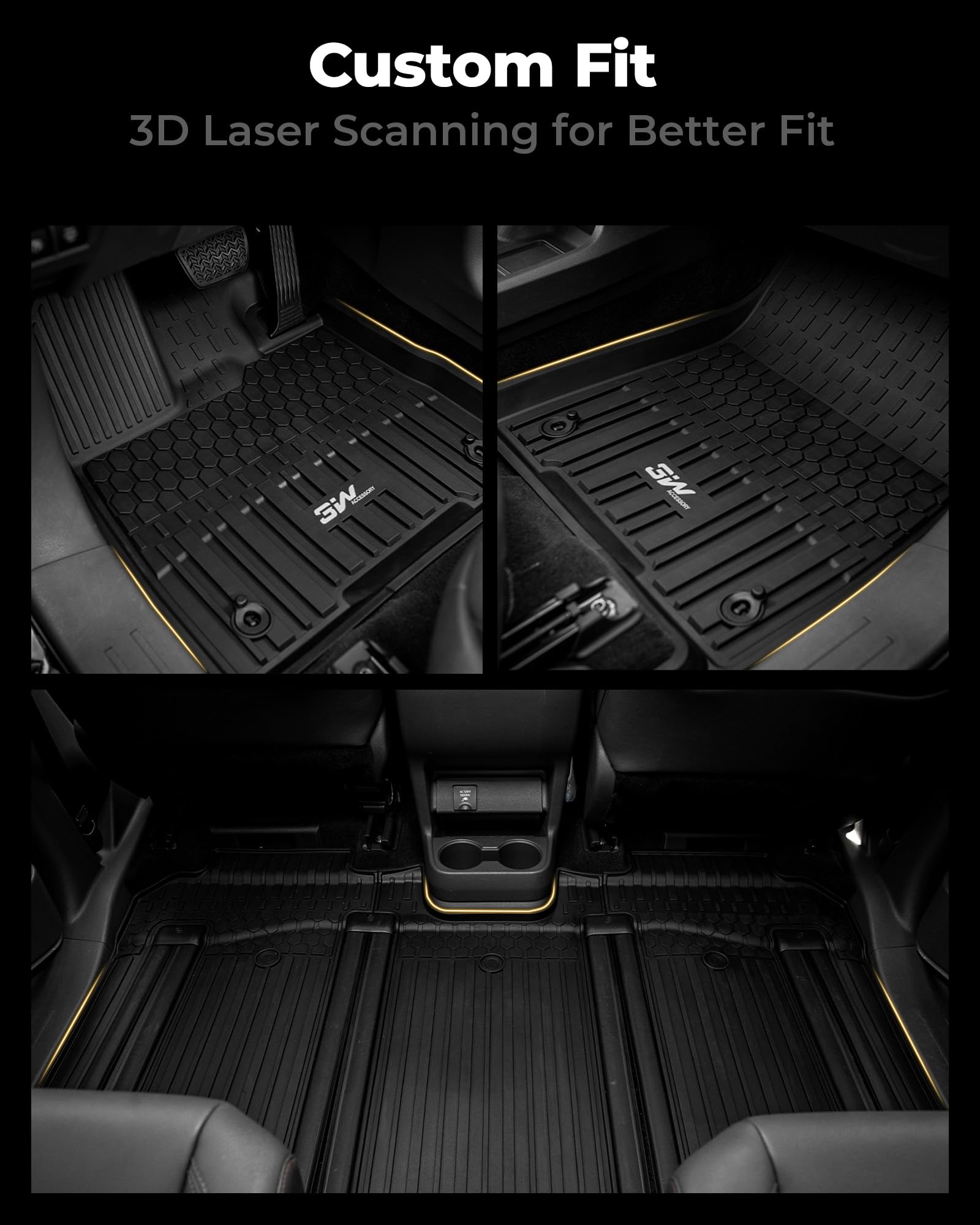 3W Custom Fit All-Weather TPE Floor Mats for Toyota Sienna 2021-2025 (7-Seat Model) - 1st, 2nd & 3rd Row Protection - Black Car Floor Liners - Perfect for Rain, Snow & Mud Protection
