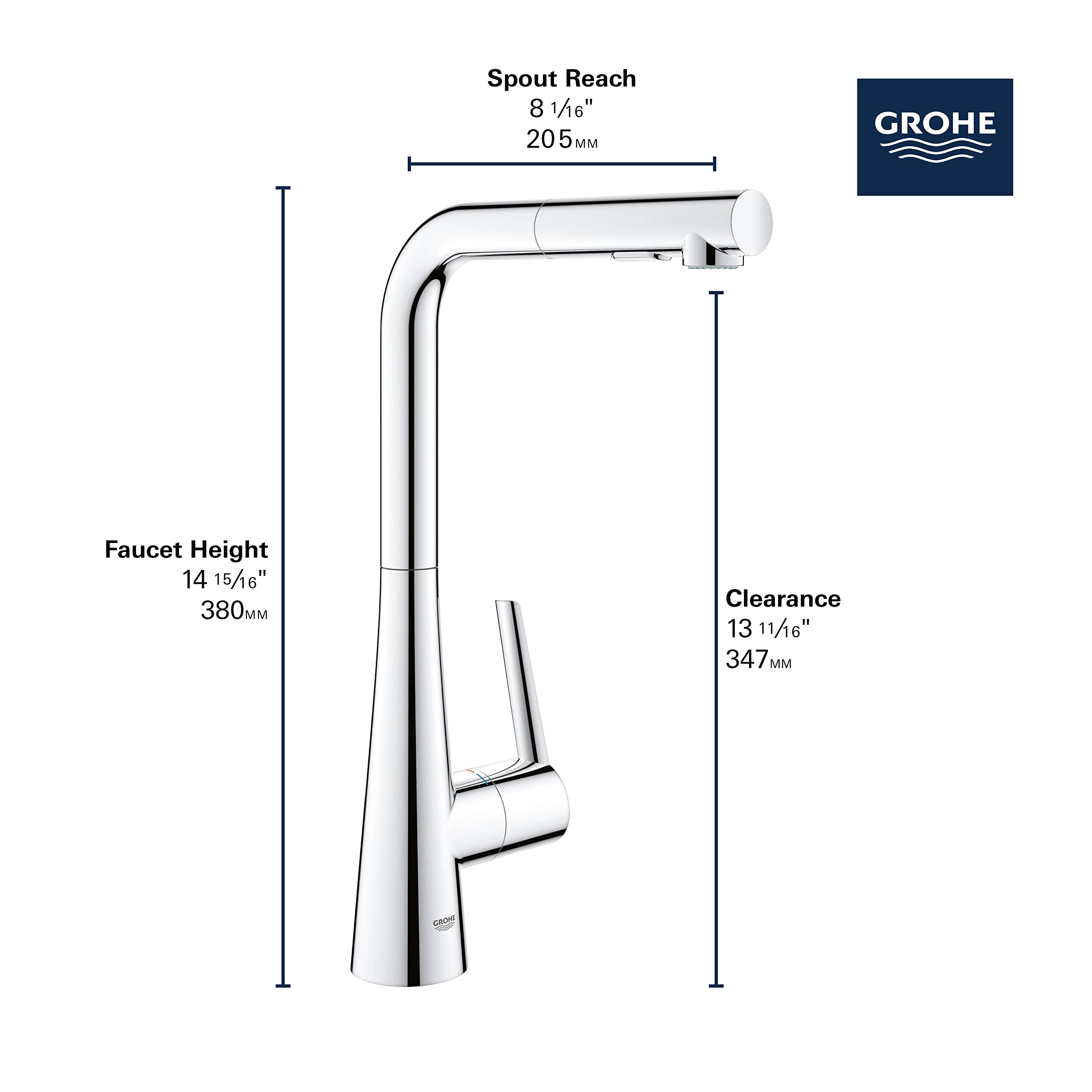 GROHE 33893002 Zedra Pull-Out Kitchen Faucet in Chrome Finish - Modern Design for Easy Dishwashing & Food Prep | Perfect for Home Kitchens & Restaurants