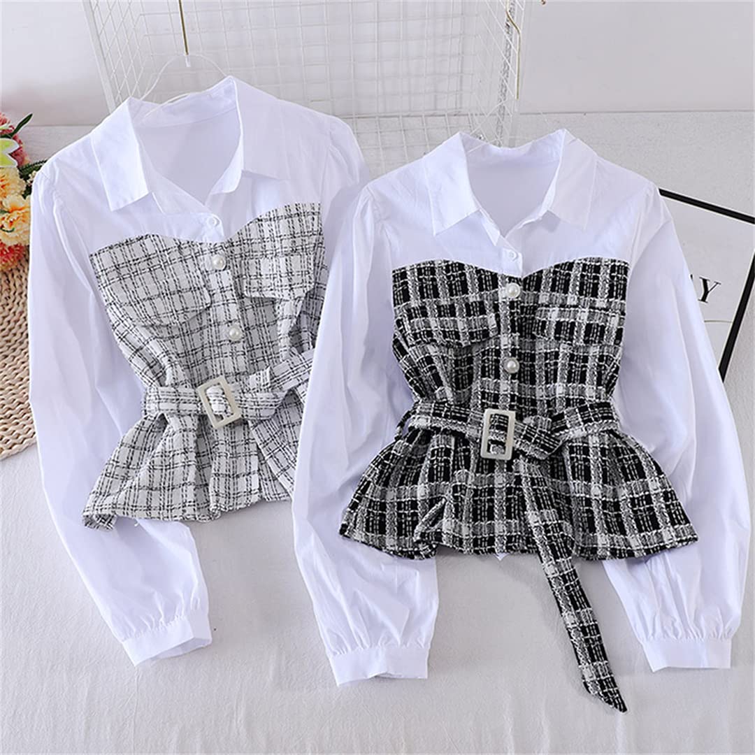 Women's Loose Fit Long Sleeve Plaid Shirt - Autumn Korean Style Stitched 2 Piece Blouse Top for Casual Wear & Office Outfits