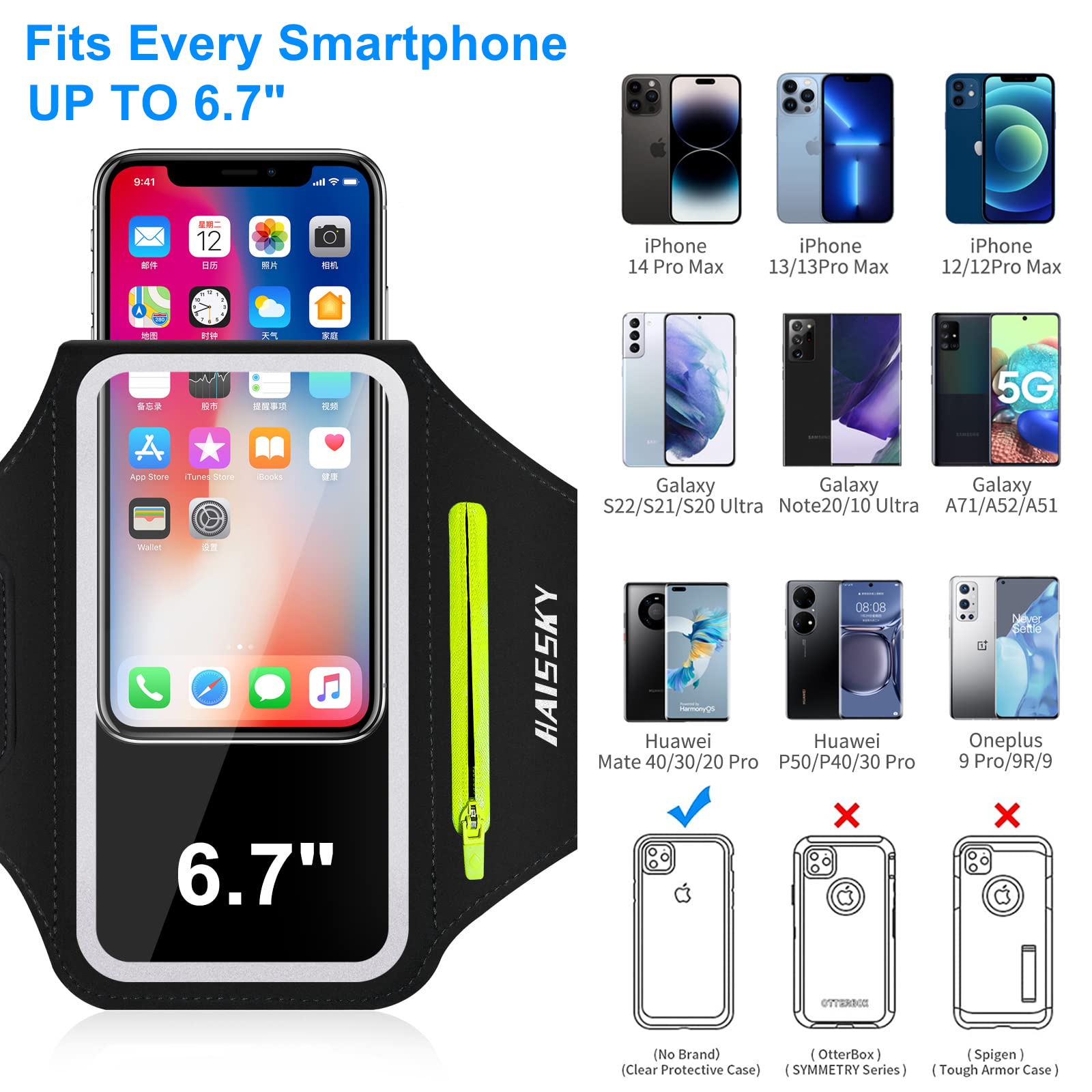 Running Phone Armband with Zipper Pocket - Water Resistant Sports Arm Band for iPhone 16/15/12/11 Pro & Galaxy S24/S20 (Fits Up to 6.7