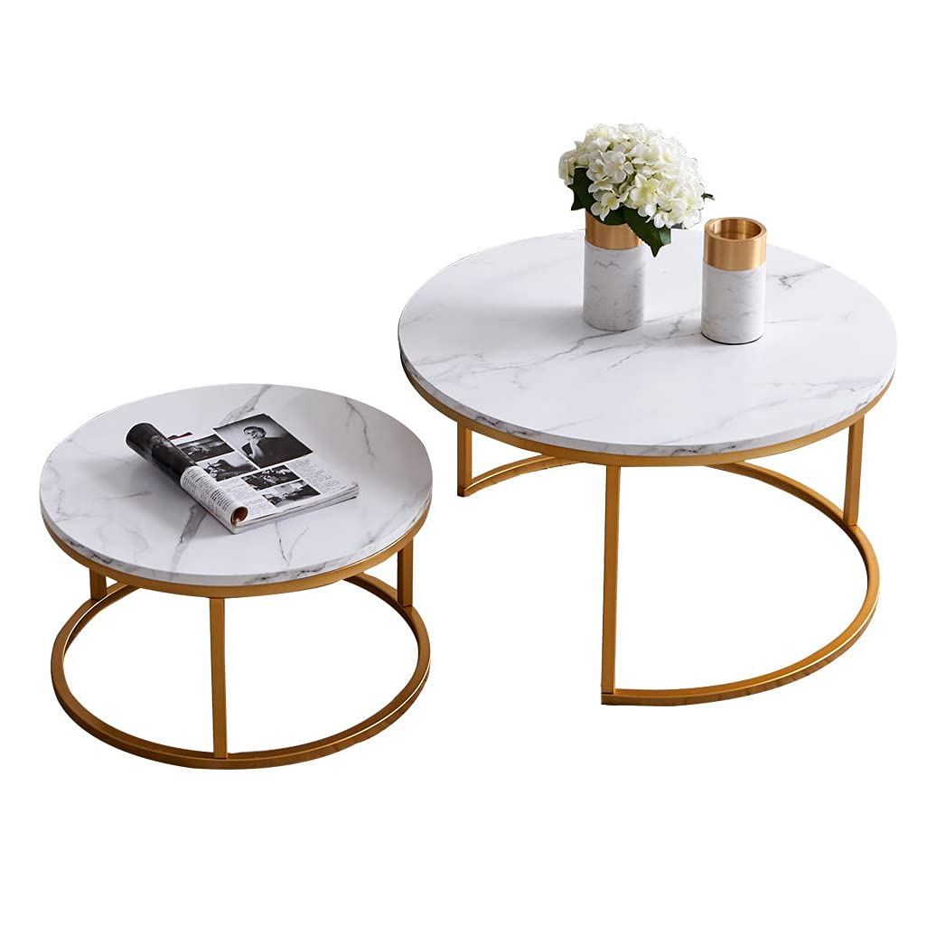 Modern Round Nesting Coffee Tables Set of 2 - Wooden Desktop with Marble Texture End Tables for Living Room - Solid Golden Metal Frame Side Tables - Perfect for Small Spaces, Apartments & Cozy Home Decor