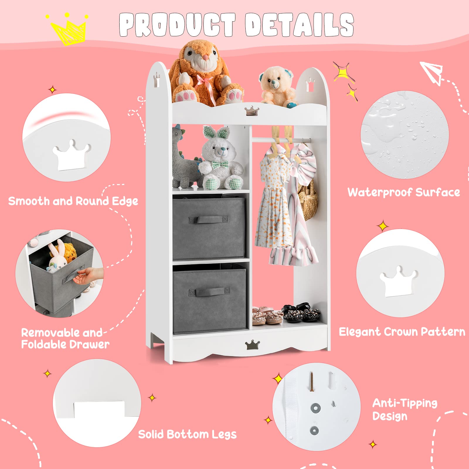Costzon Kids Dress Up Storage Wardrobe with Mirror & Hangers - White Crown Pattern Toy Organizer for Pretend Play Costumes | Perfect for Bedroom & Playroom Organization | Toddler Closet & Dress Up Storage Solution