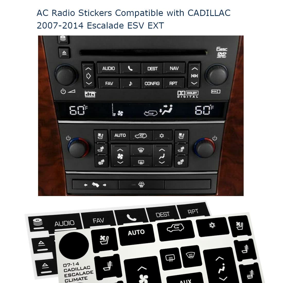 AC Radio Dash Button Repair Stickers Decals for Cadillac 2007-2014 Escalade ESV EXT (AC16+Radio18) - Fix Worn Controls, Restore Dashboard Appearance - Perfect for DIY Car Interior Repair & Maintenance