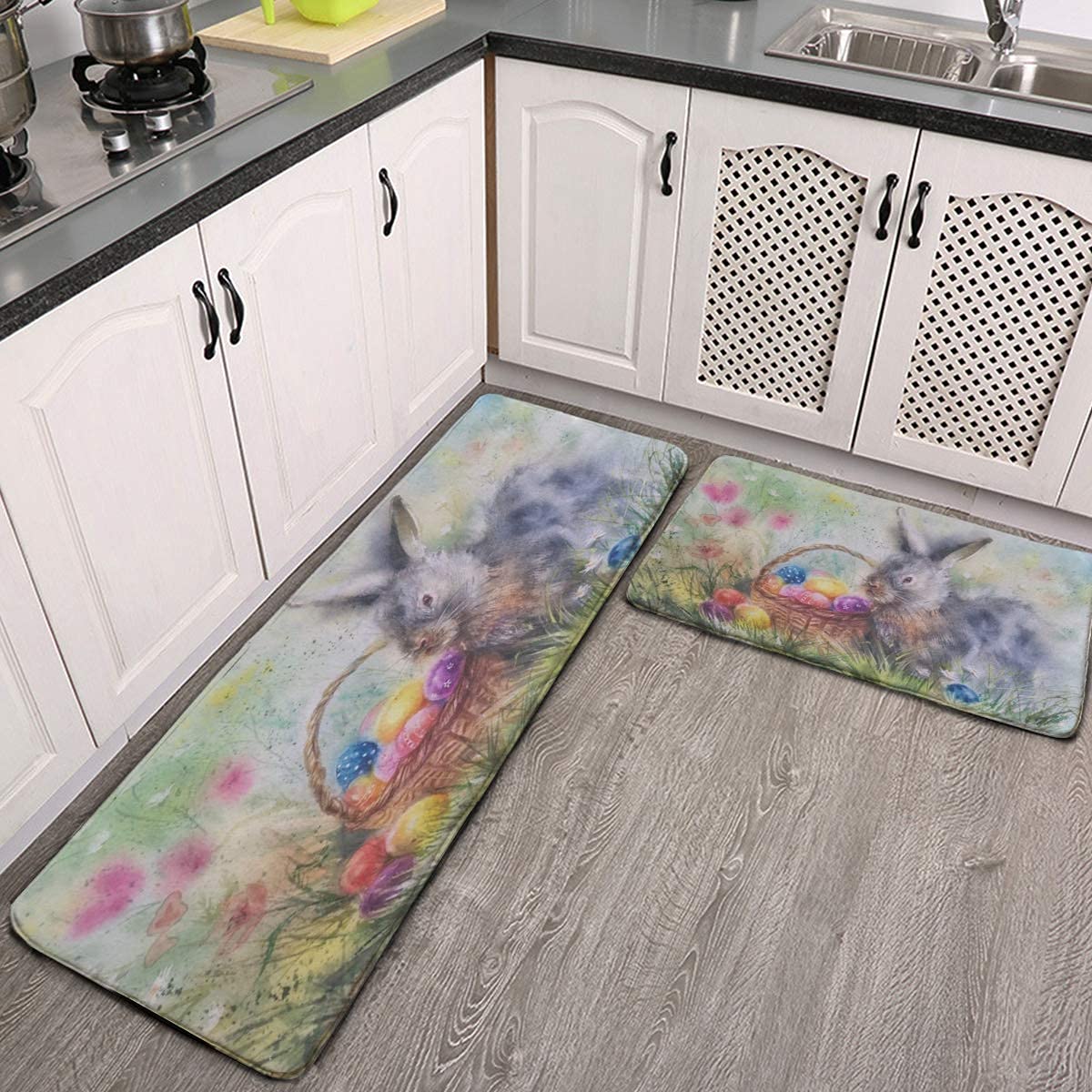 **Anti-Fatigue Kitchen Mats Set - 2-Piece Cushioned Floor Mats for Standing Desk, Sink Area & Hallway - Easter Bunny Rabbit Design, Non-Slip Kitchen Rug & Home Decor Accessories**    *(Perfect for Comfortable Cooking, Dishwashing & Long Standing at Workstations - Adds Style to Kitchens, Hallways & Home Offices!)*