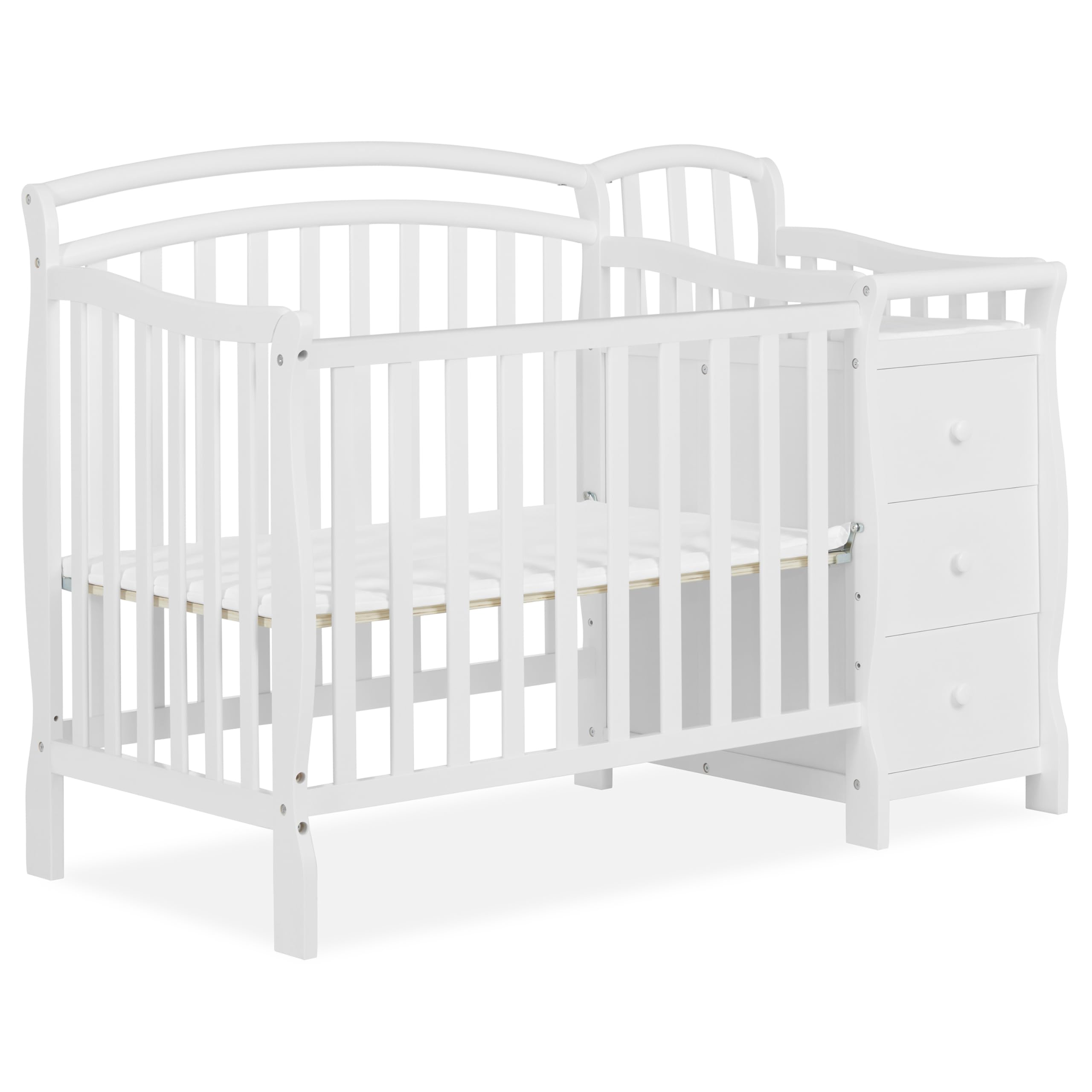 Dream On Me Casco 3-in-1 Convertible Mini Crib & Changing Table - White Pinewood Baby Crib with 3 Adjustable Mattress Heights | Nursery, Bedroom & Travel Use