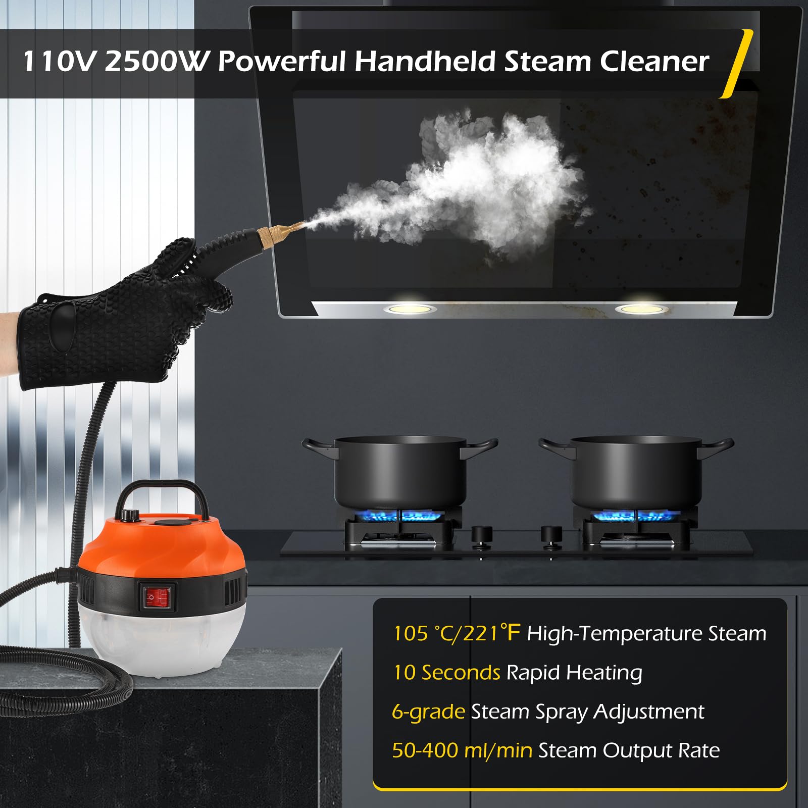 Dyna-Living 2500W Handheld Steam Cleaner - Portable High Pressure Car Steamer with 1.4L Large Water Tank | Electric Steam Cleaner Machine for Auto Detailing, Home Cleaning & Sanitizing (Orange) - Perfect for Cars, Upholstery, Tiles & Kitchen Appliances
