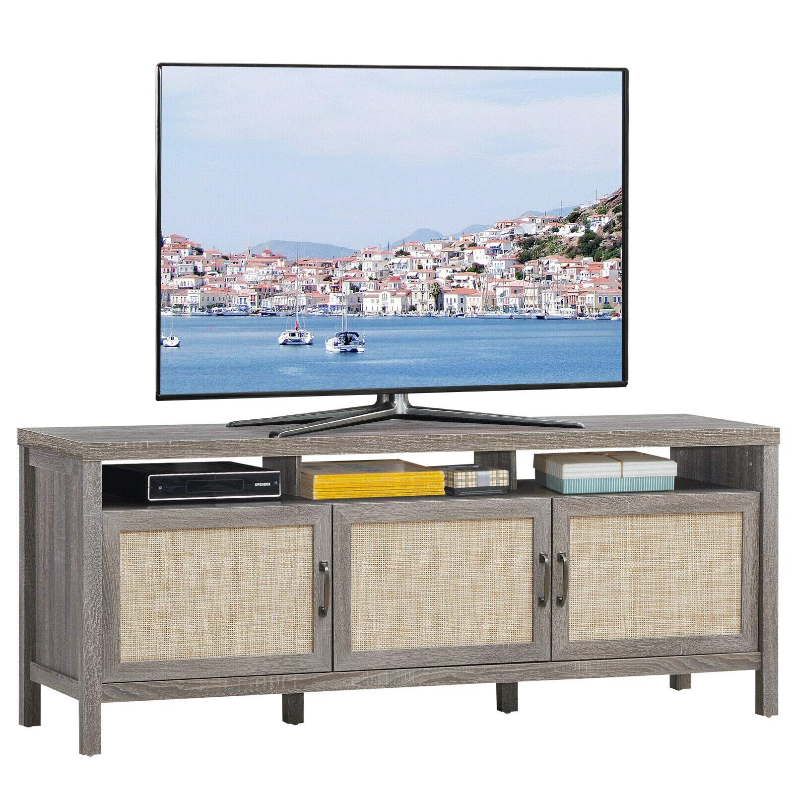 HPW Grey Oak TV Stand Entertainment Center with Open Shelf & 3 Storage Cabinets - Holds 65
