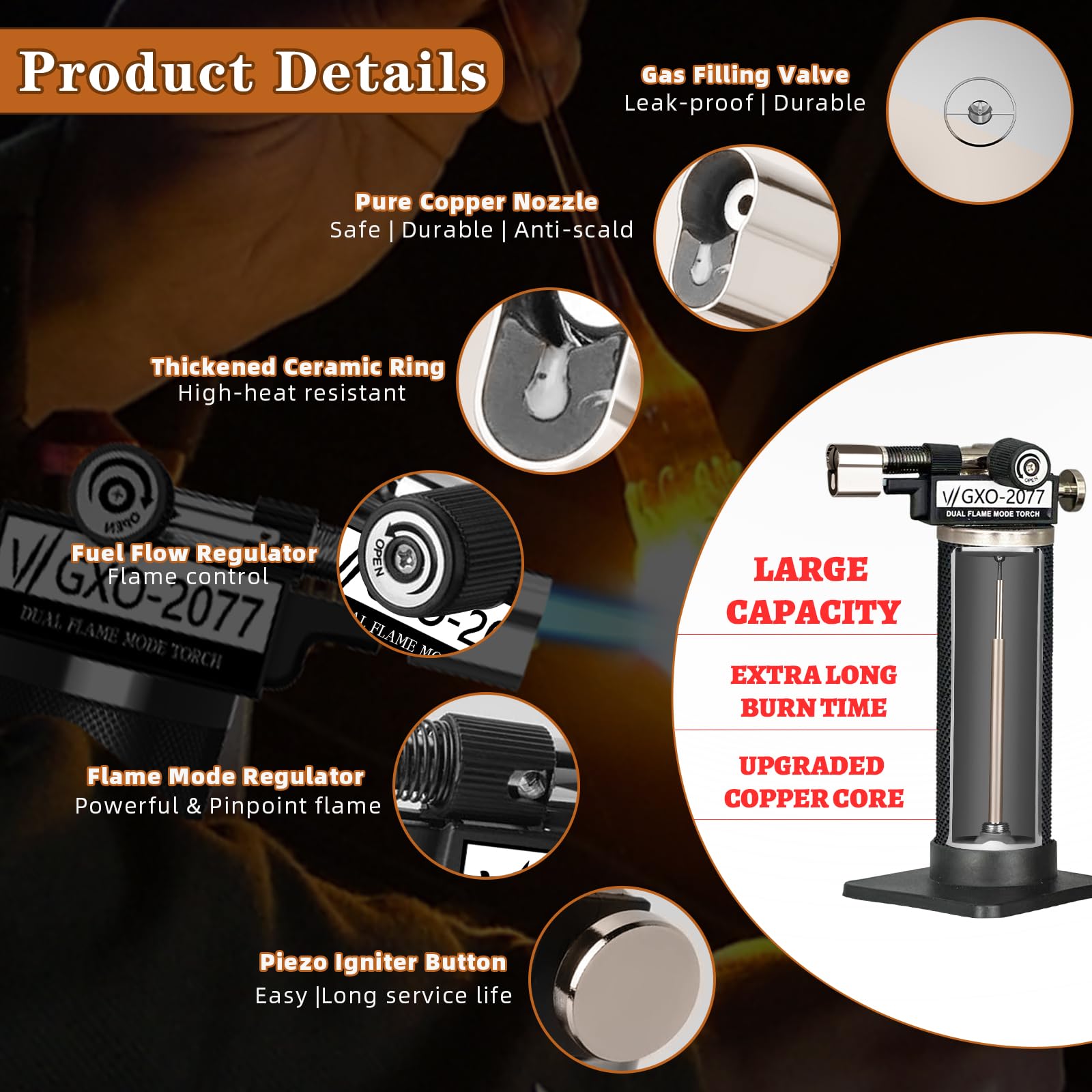 Refillable Butane Torch Lighter with Dual Flame & Adjustable Flame - Perfect for Cigar Smoking, Cooking, Soldering & DIY Projects