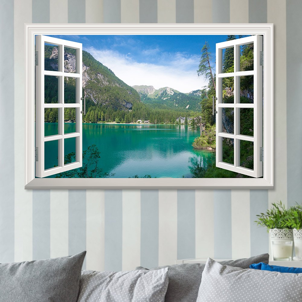 32x48 Inches Window View Nature Landscape Canvas Print - Lake & Forest Mountain Scenery Wall Art for Living Room, Bedroom, or Office Decor