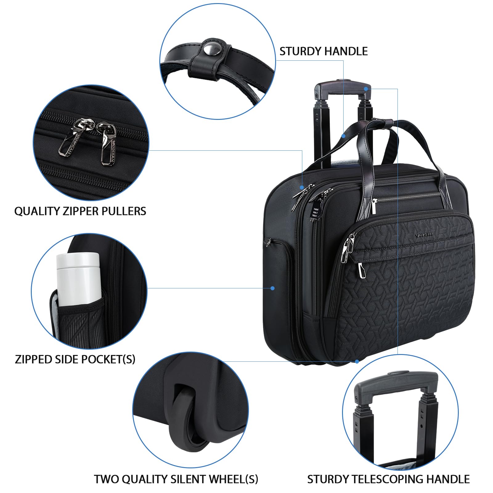 VANKEAN Rolling Laptop Bag for Women & Men - Waterproof Rolling Briefcase Fits 15.6 Inch Laptop with RFID Pockets - Ideal for Travel, Business, College, and Daily Commute