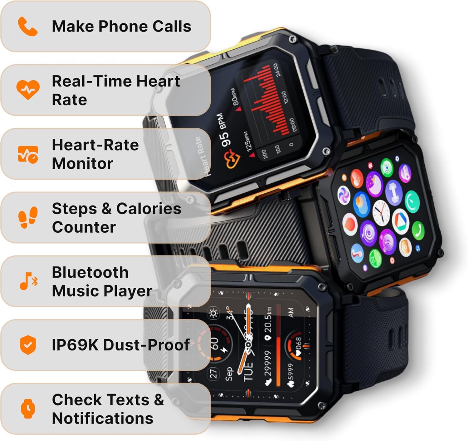 Indestructible Smartwatch IP68 Waterproof Rugged Outdoor Smartwatch - Bluetooth Calling, Heart Rate & Sleep Monitor - Compatible with Android iOS (Orange) - Perfect for Hiking, Running & Extreme Sports