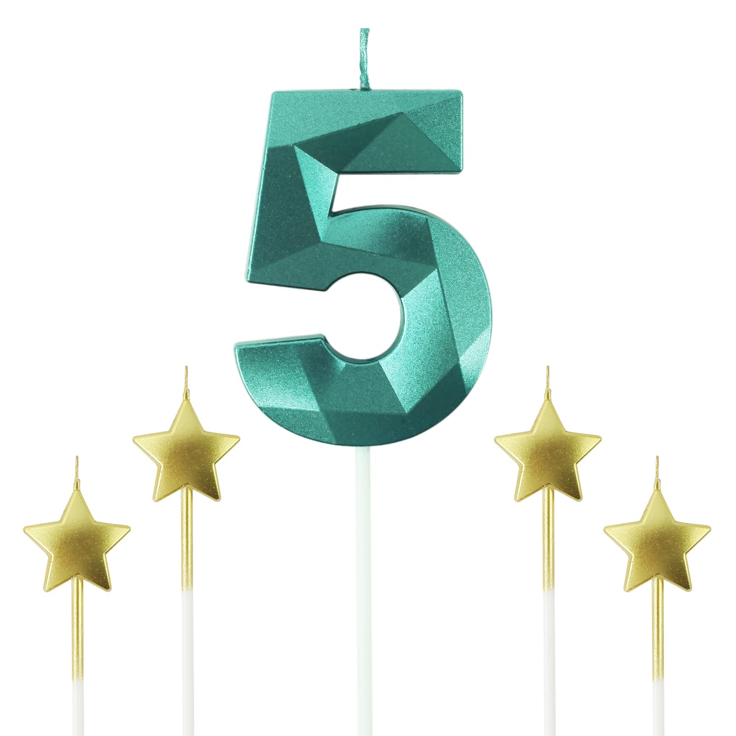 Green Number 5 & Star Birthday Cake Candles - 2.76 Inch 3D Diamond Shaped Candles for Birthday Parties, Anniversary Cake Decorations | Perfect for Kids Birthday Cakes, Wedding Anniversary Celebrations & Special Occasions