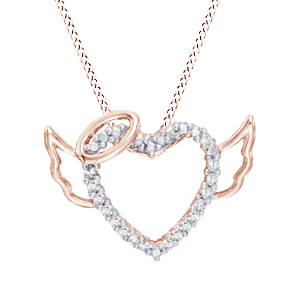 White Natural Diamond Heart with Halo and Wings Pendant Necklace - 925 Sterling Silver (1/10 Ct) | Elegant Jewelry Gift for Women, Valentine's Day, Anniversary & Special Occasions
