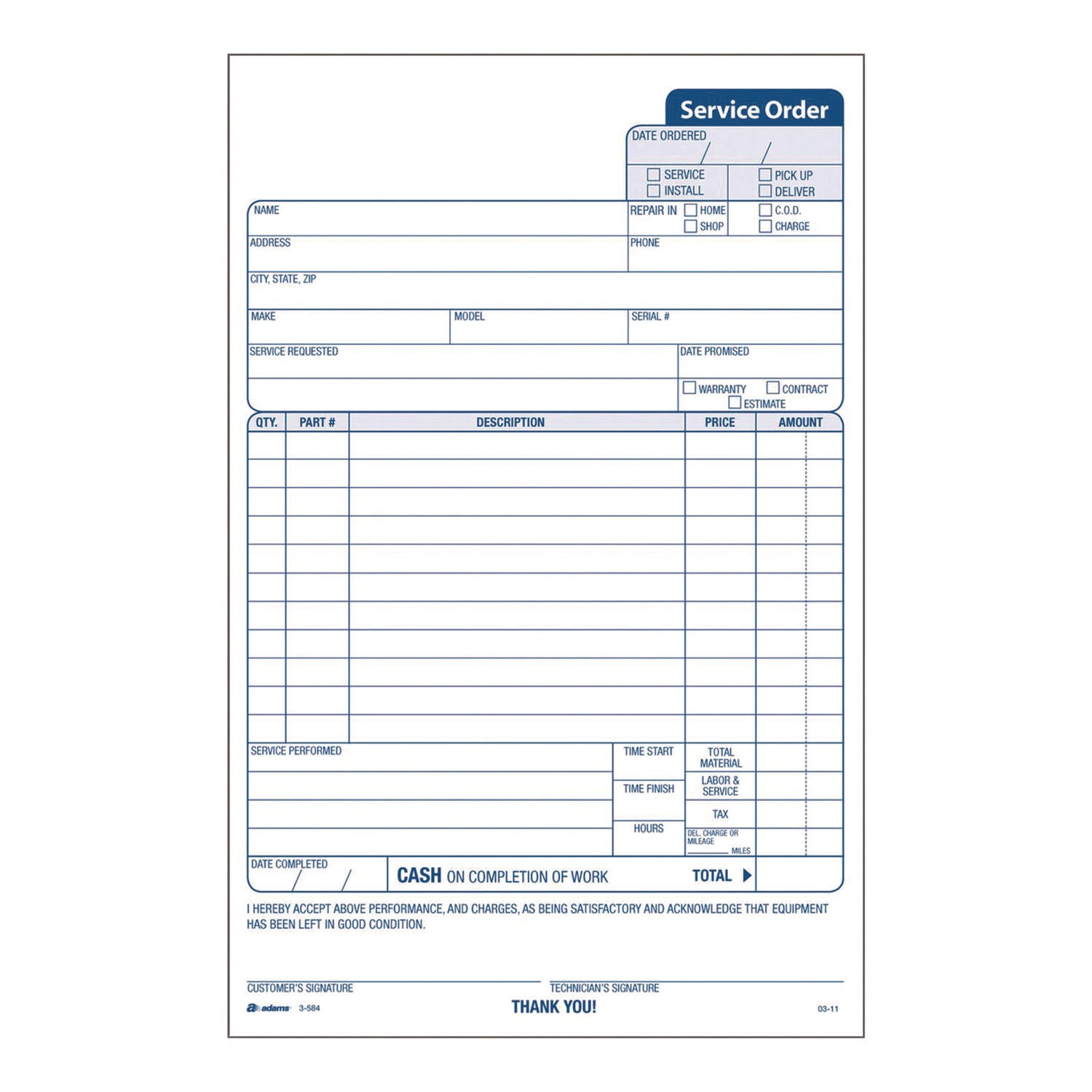 Adams® Work Order Form - 3-Part Carbonless, 5.66