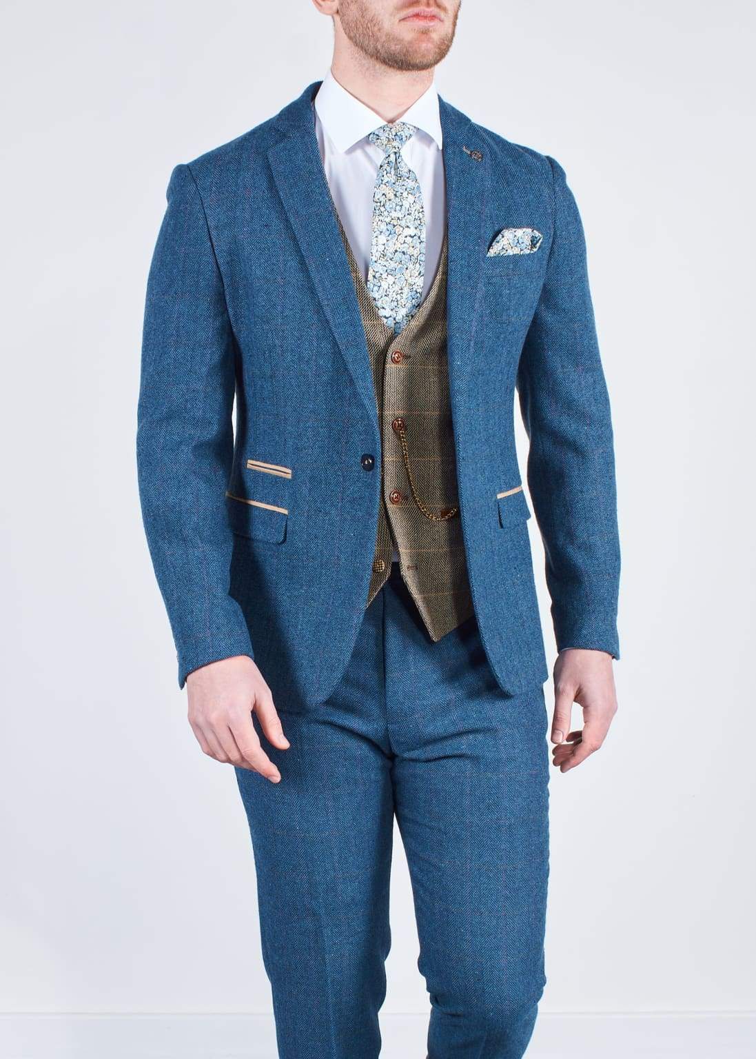 Marc Darcy Blue Tweed 3-Piece Wedding Suit with Brown Waistcoat | Formal Groom Attire for Weddings, Prom & Special Occasions