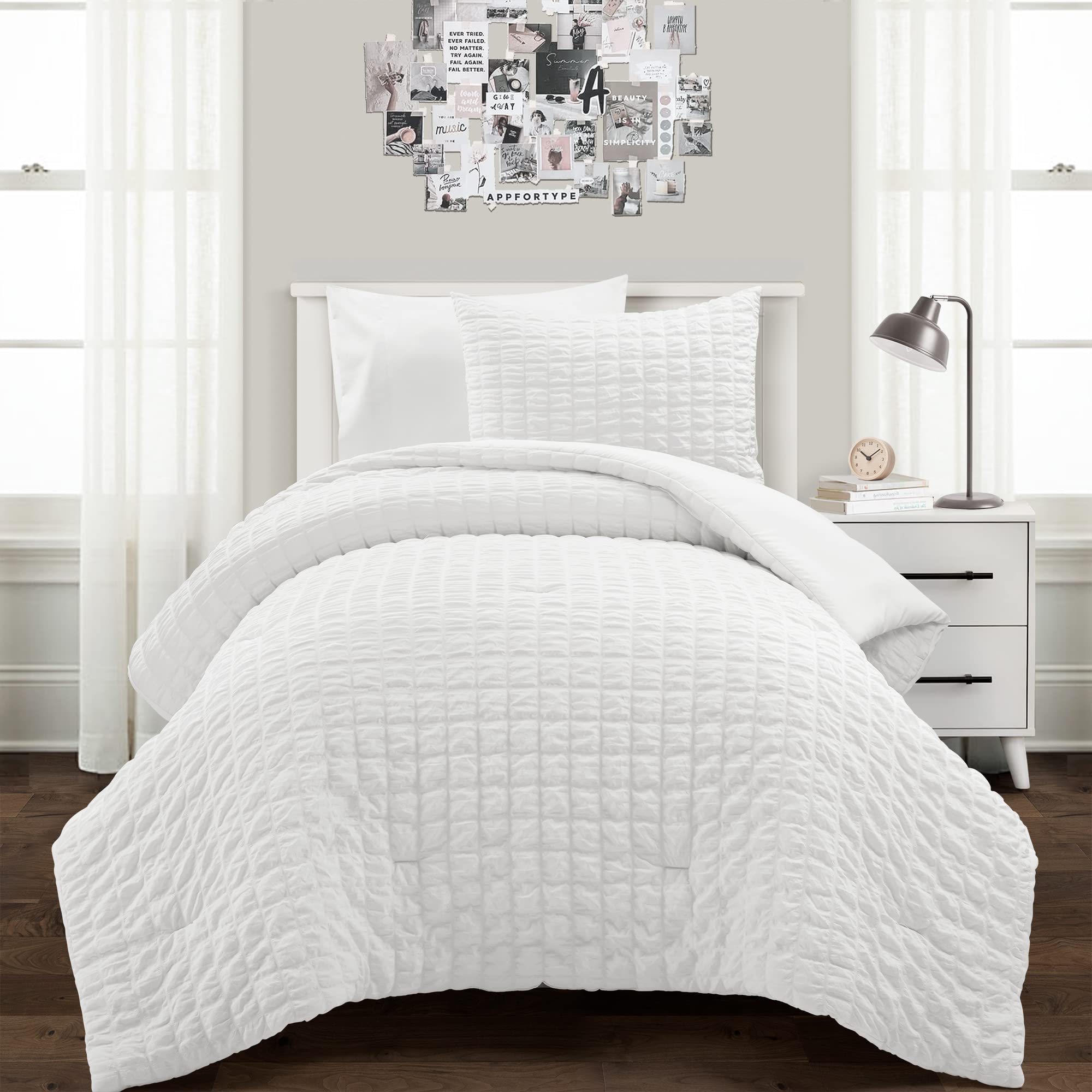 Lush Decor Crinkle Dobby Comforter Set - Twin-XL White for Cozy Bedroom
