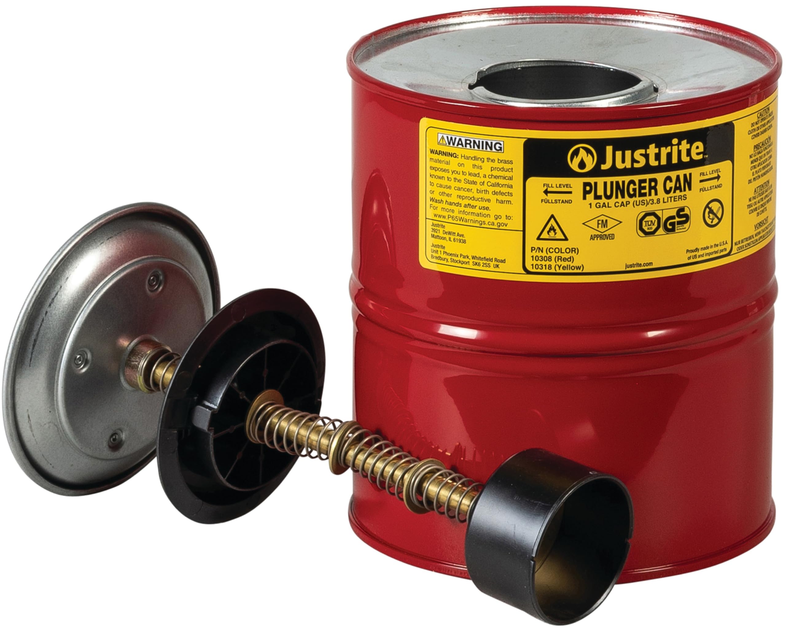 Justrite 1 Gallon Steel Push-Down Solvent Dispenser Can - Red (10308) | Made in USA | Industrial Solvent Storage & Dispensing Solution for Mechanics, Workshops & Auto Repair Shops