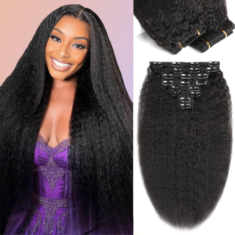 Eullair Kinky Straight Clip-in Hair Extensions - 100% Remy Human Hair, 8PCS Set with 20 Clips, Double Weft 120g for Black Women - Perfect for Styling, Parties & Everyday Wear