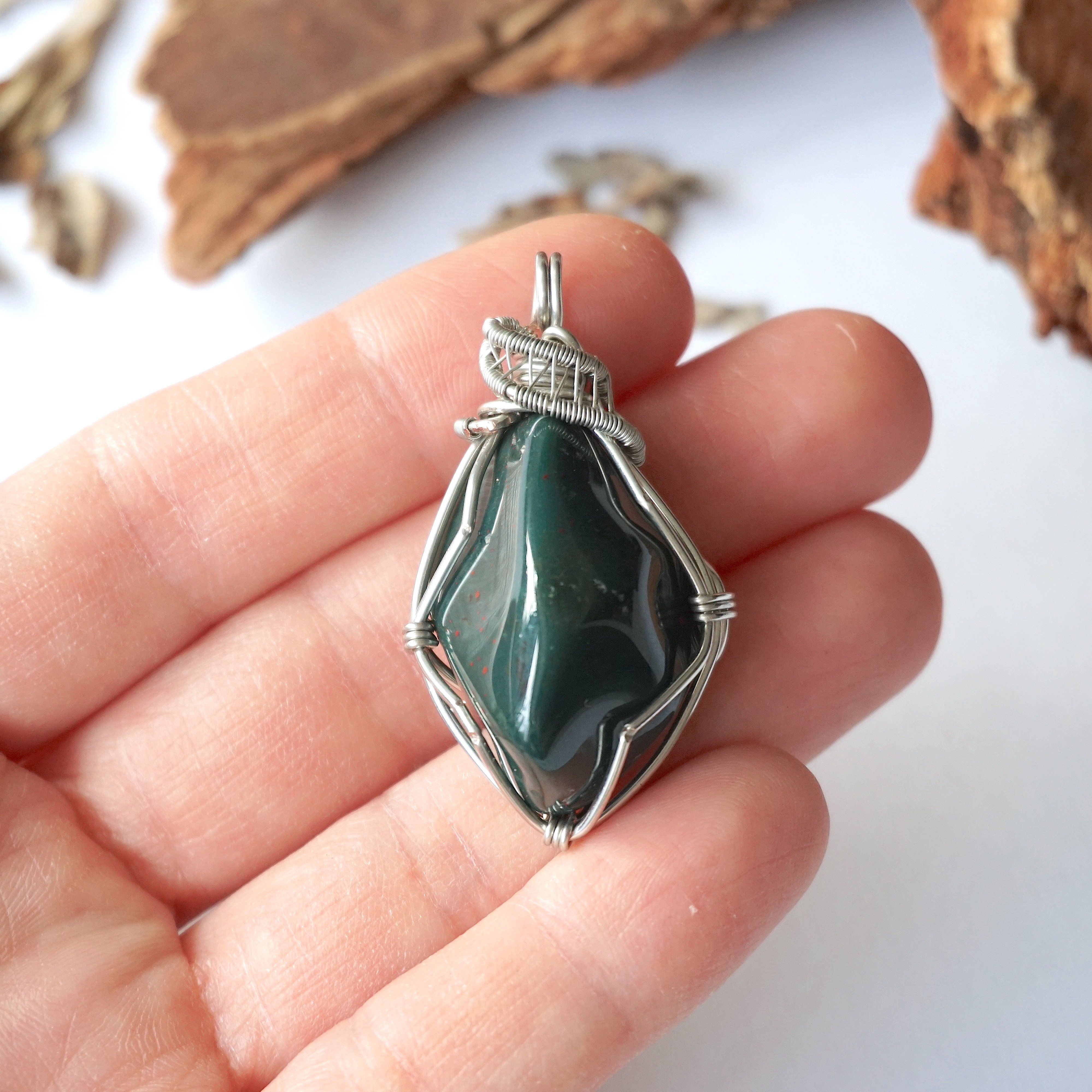 Natural Bloodstone Necklace with White Gold Plated Brass Pendant - Healing Crystal Jewelry for Women, Meditation & Energy Balancing