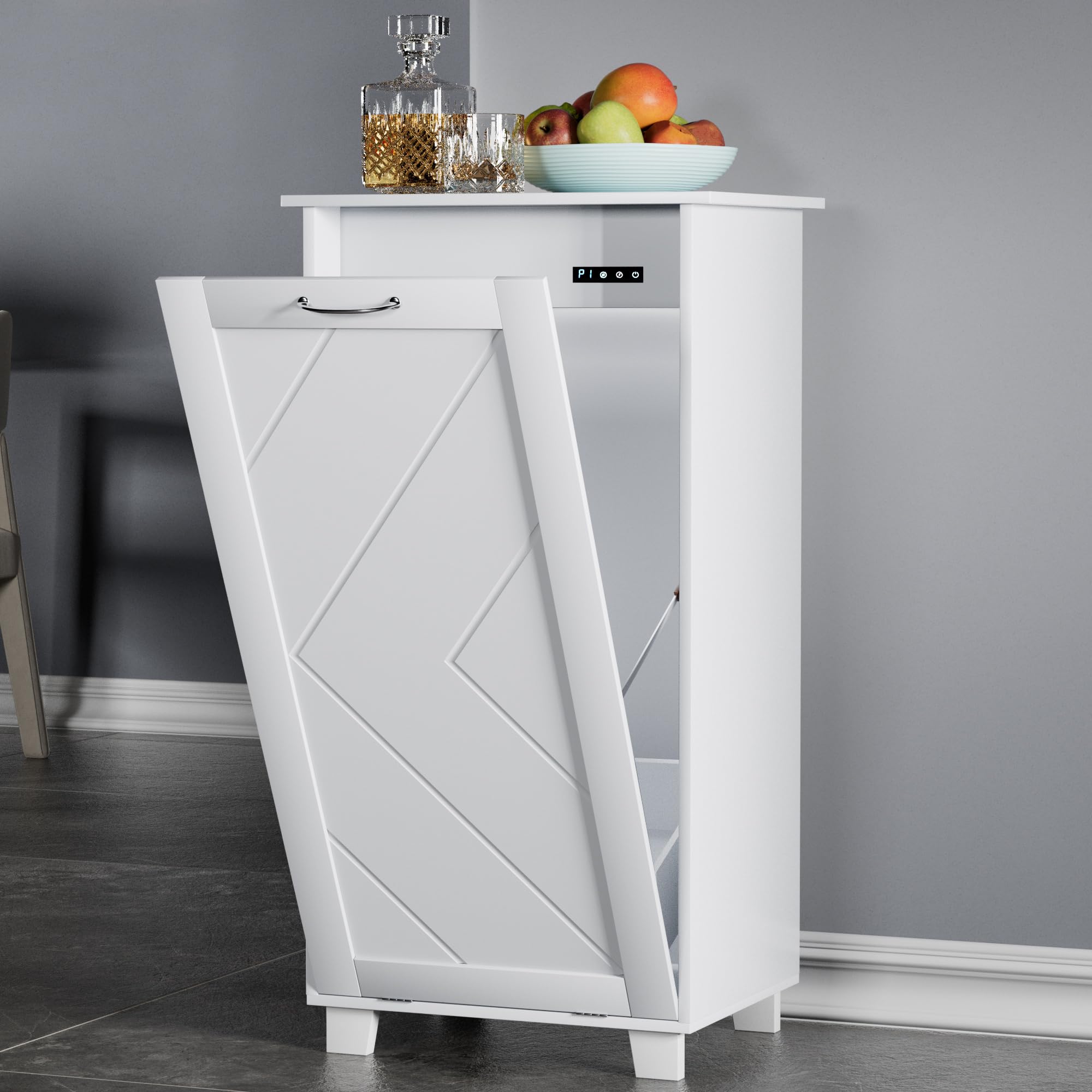 VECELO Tilt Out Kitchen Trash Bin Cabinet - Dog Proof Garbage Can with Wood Holder, Free Standing Recycling Bin in White - Perfect for Kitchens, Pantries & Pet-Friendly Homes