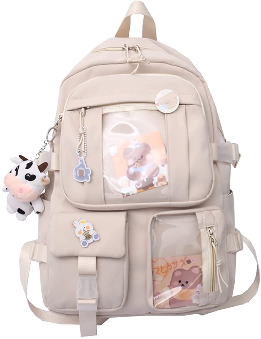 **Holygloomy Kawaii Backpack for Teen Girls - Cute Aesthetic School Bag with Kawaii Pin & Accessories, Beige, 31x14x44cm - Perfect for School, Travel & Everyday Use**