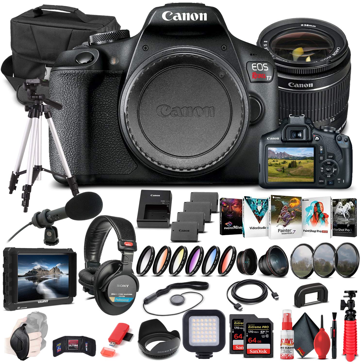 Canon EOS Rebel T7 DSLR Camera Bundle with 18-55mm Lens | 4K Monitor, Pro Audio Gear & 128GB Memory | Includes Tripod, Case & Software - Perfect for Vlogging, Photography & Content Creation (Renewed)