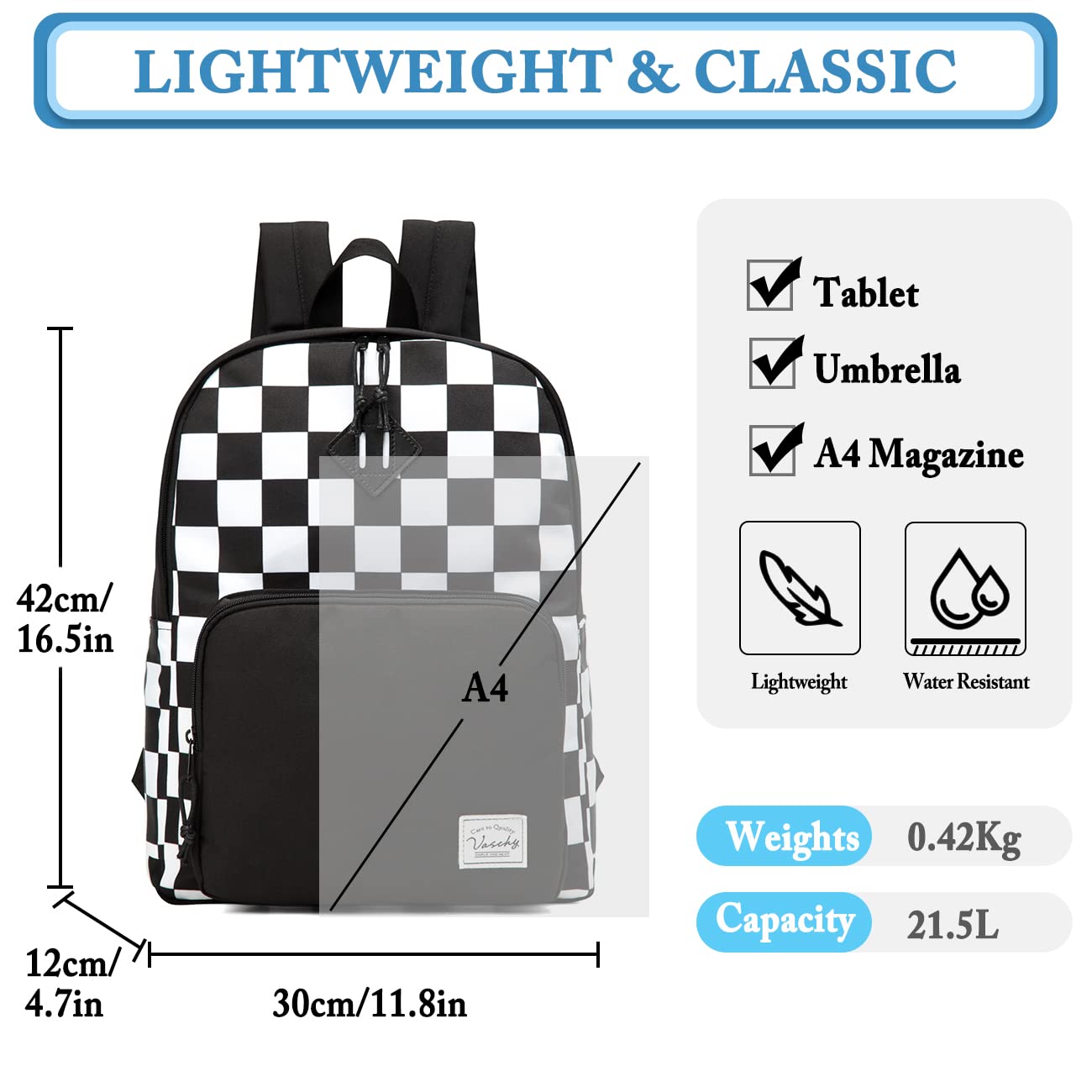 **VASCHY Lightweight Travel Backpack for Men & Women - Durable School Backpack for Kids, Teens, Boys & Girls - Black, White & Plaid Options - Perfect for School, College, Travel & Daily Commute**
