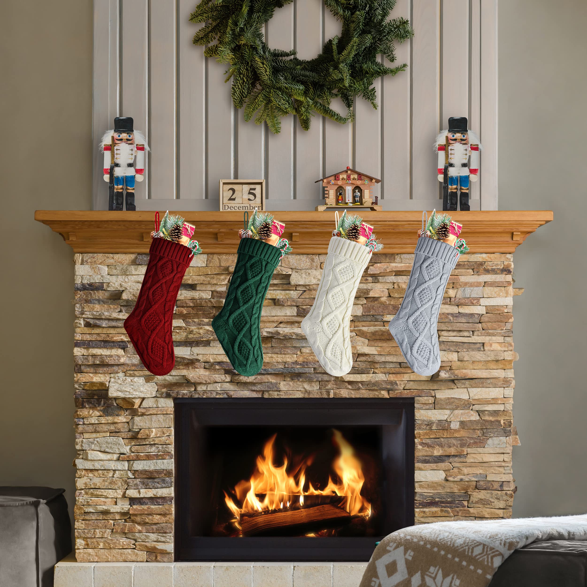 4-Pack 18 Inch Knit Christmas Stockings - Burgundy, Green, Ivory & Gray Holiday Decorations for Fireplace Mantel, Gift Exchange & Festive Home Decor