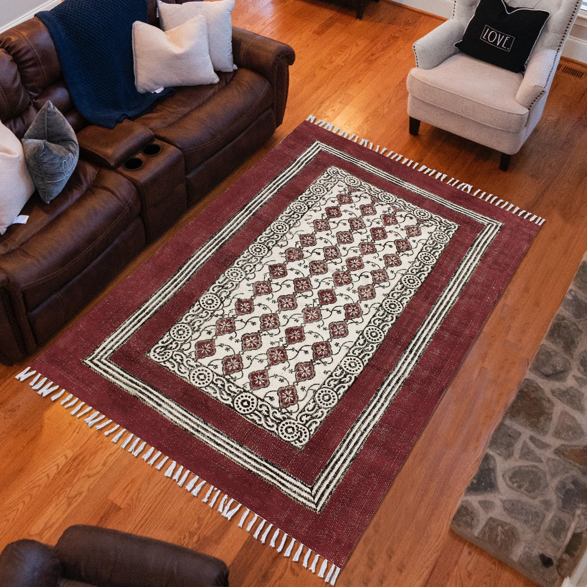 12x18 Ft Maroon Red Cotton Dhurrie Floral Kilim Rug - Handwoven Flatweave Indoor Outdoor Carpet for High Traffic Areas | Perfect for Bedroom, Dining Room & Living Room Decor