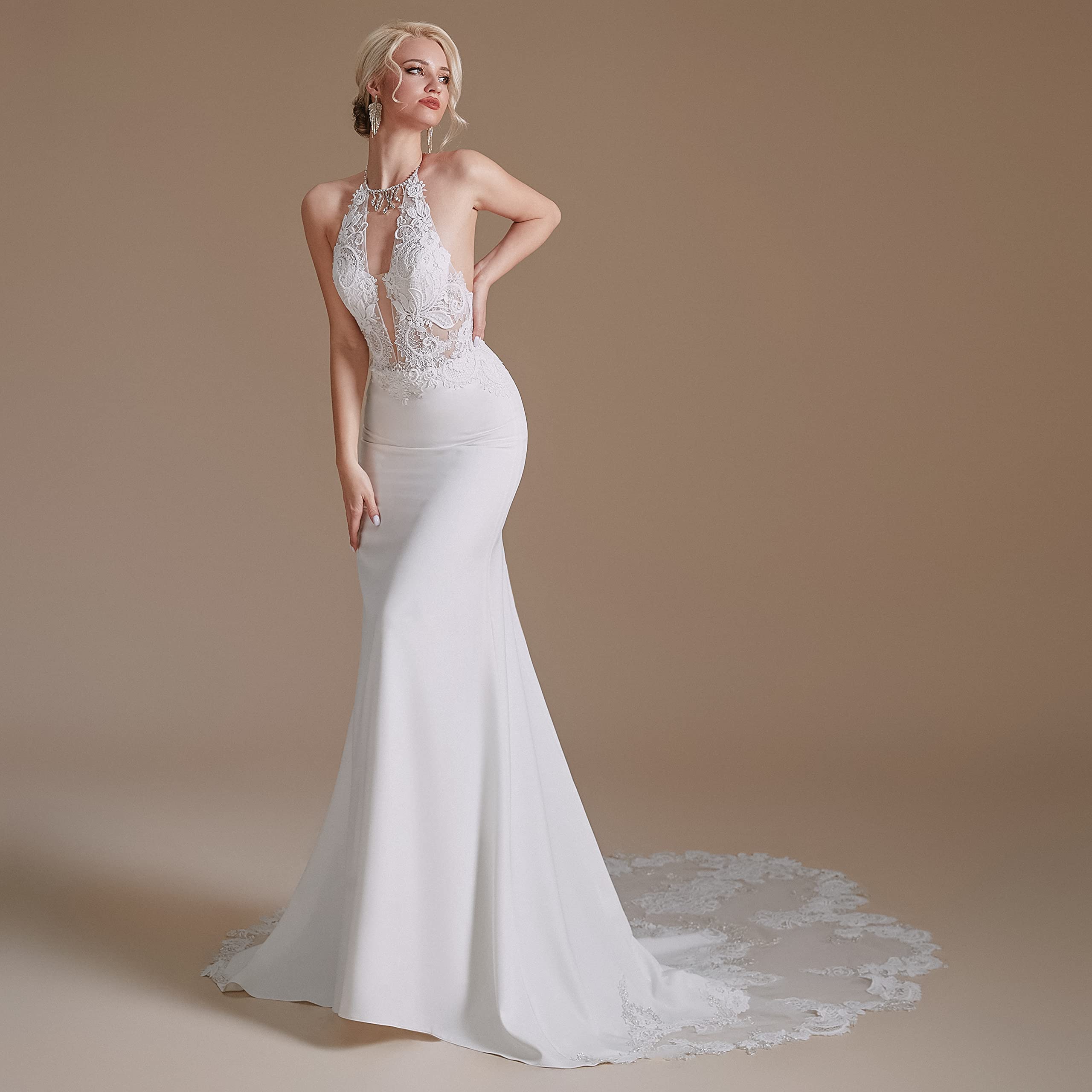 Elegant Halter Lace Applique Mermaid Wedding Dress for Bride - Beach, Party & Formal Occasions | Perfect for Beach Weddings, Evening Receptions & Special Events